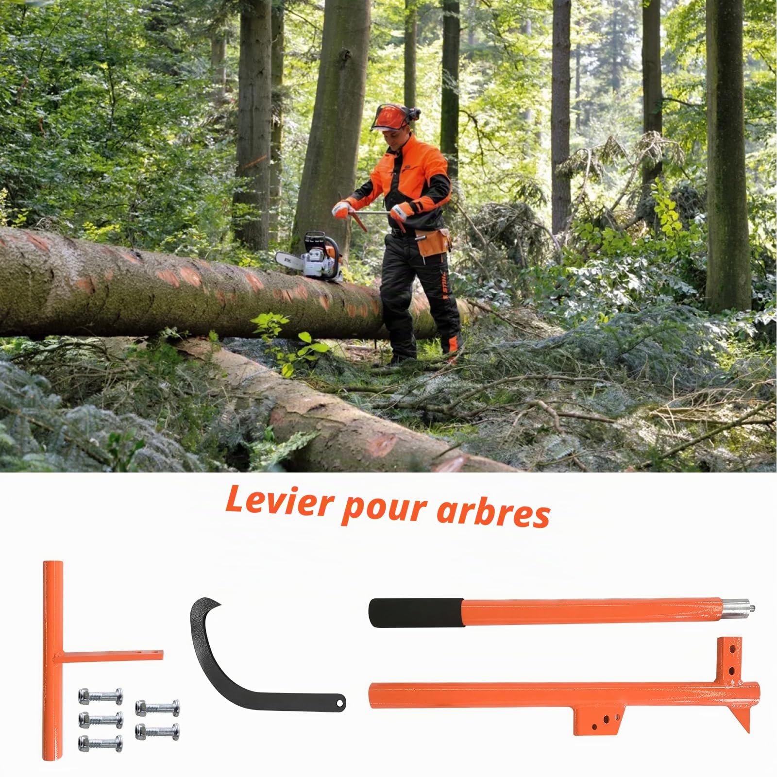 Levier d'abattage 130 cm, levier à bois, levier d'abattage avec crochet pivotant, ouverture max 32 cm, levier à grume forgé avec crochet pivotant et poignée antidérapante, levier pour l'abattage