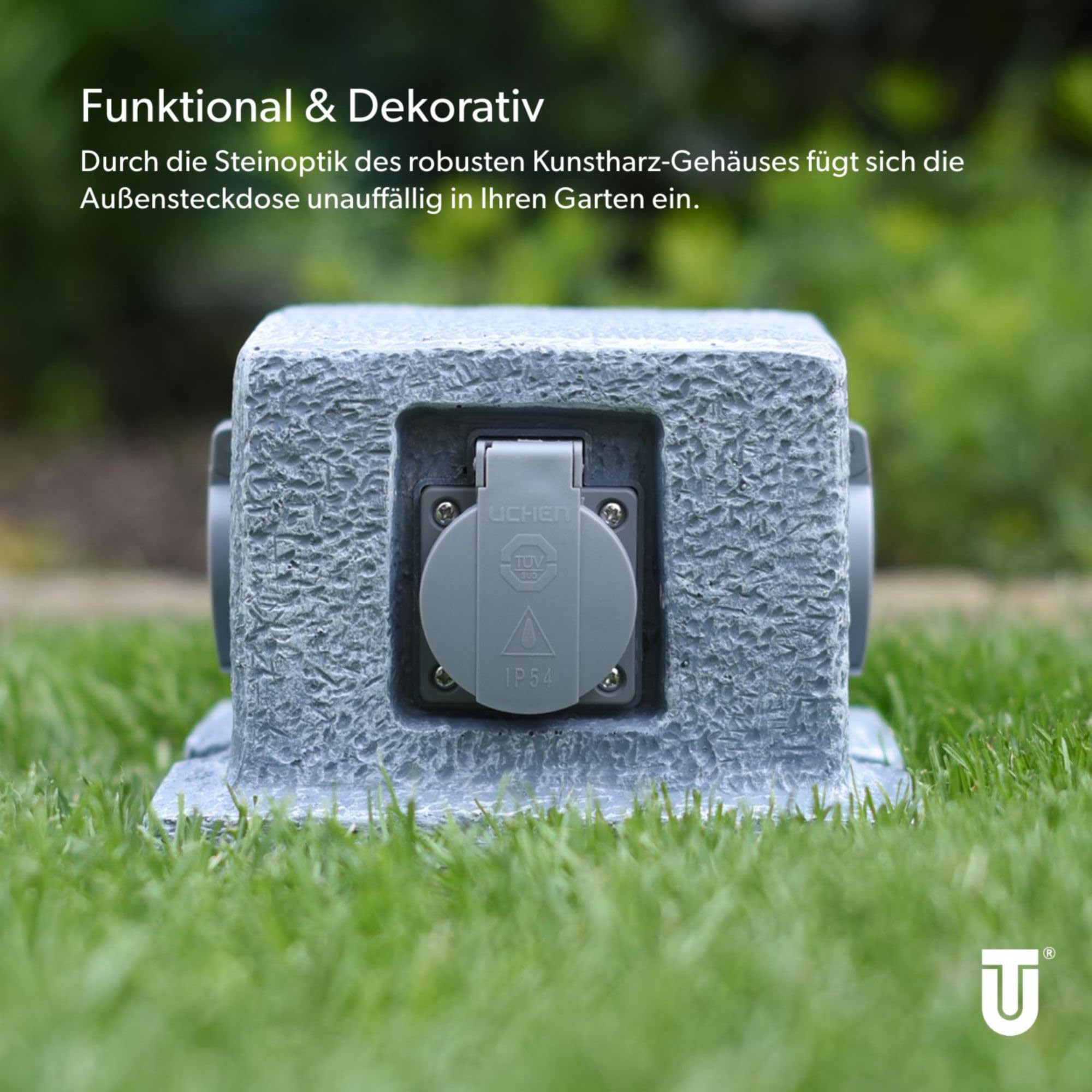 UNITEC Distributore di prese da giardino effetto pietra, presa da giardino, presa esterna, IP 44, 4 prese, colonna