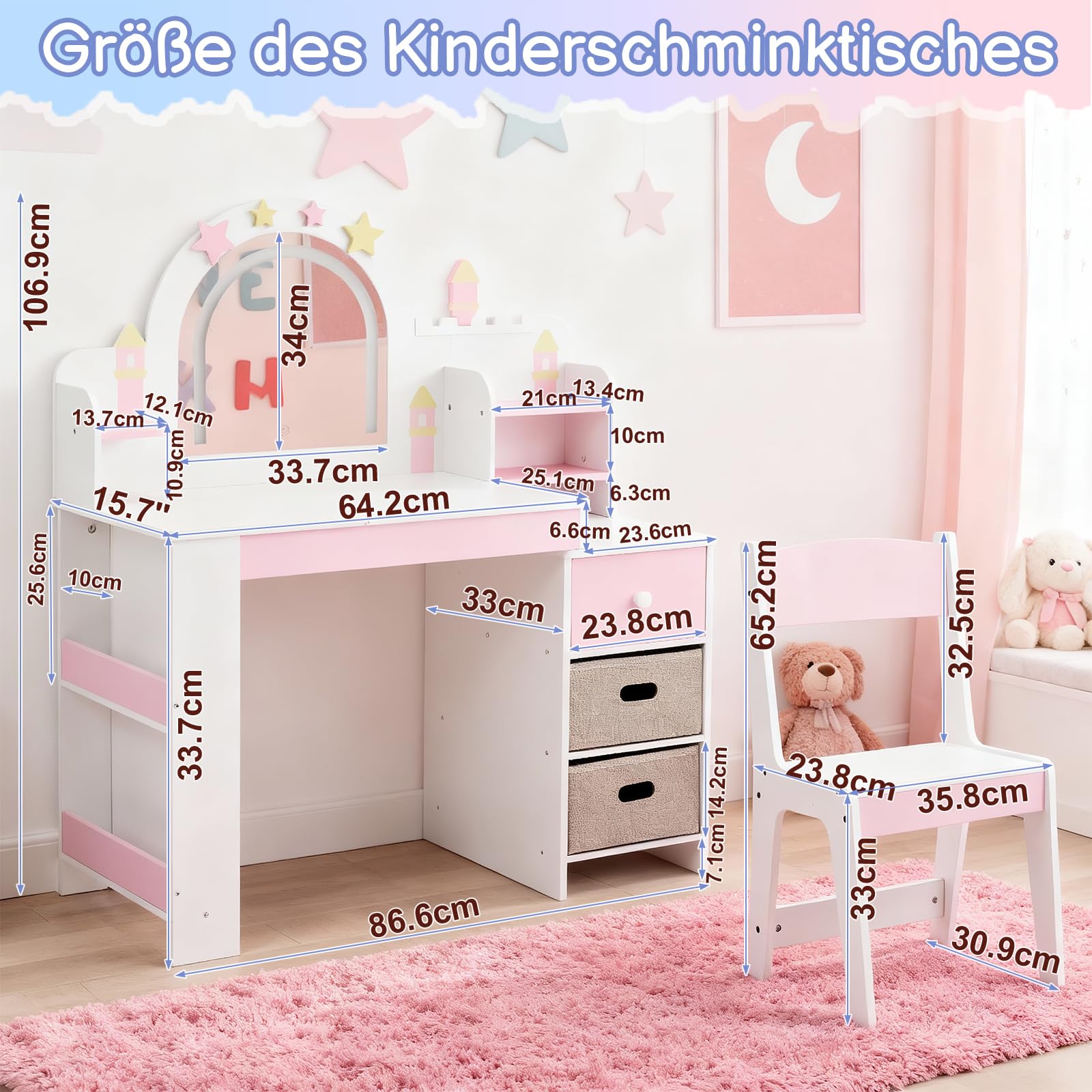 LALAHO Schminktisch Kinder mit Hocker Frisiertisch Kinderschminktisch für Mädchen aus Holz mit Beleuchtung, Spiegel, 5 Schubladen & Bücherregal，-Kosmetiktisch Set für ab 3 Jahren，(Weiß)