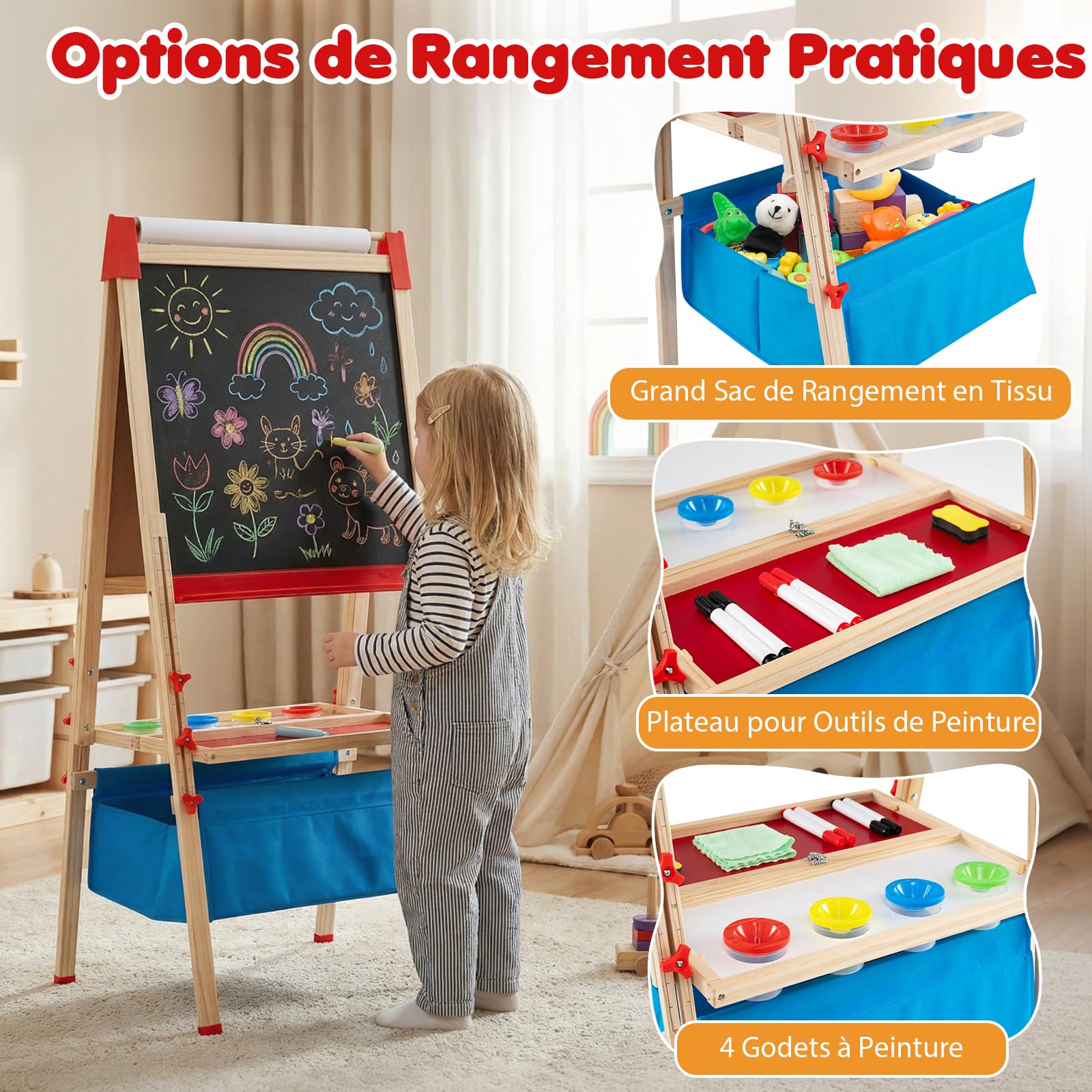 GOPLUS Tableau Enfant Double Face, 3 en 1 Chavalet Enfant avec Tableau Blanc/Noir Magnétiques à Hauteur Réglable avec Rouleau de Papier, Chevalet en Bois pour Garçons et Filles de 3-15 Ans