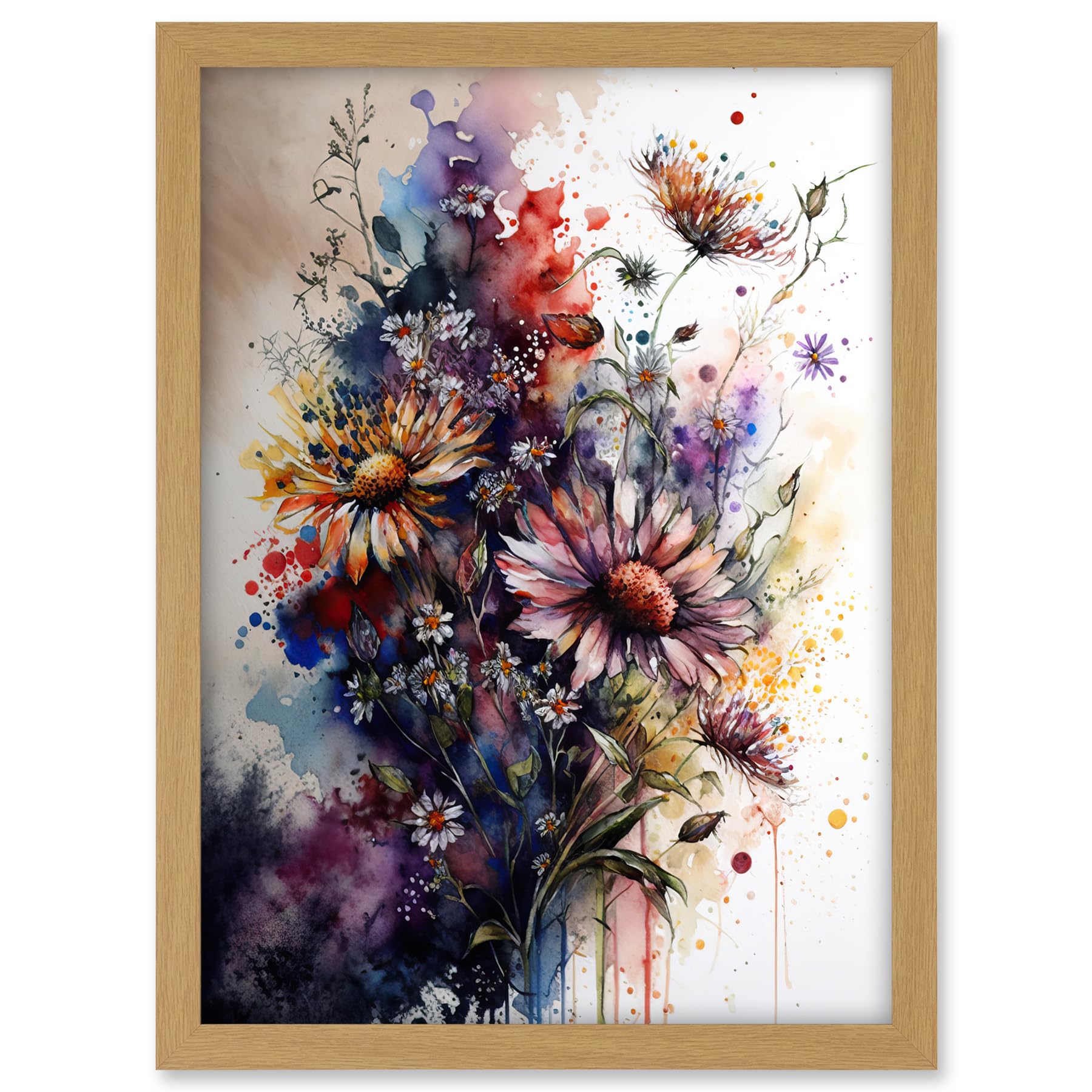 Artery8 Flower Bouquet over Watercolour Splat Illustration Artwork Framed A3 Wall Art Print
