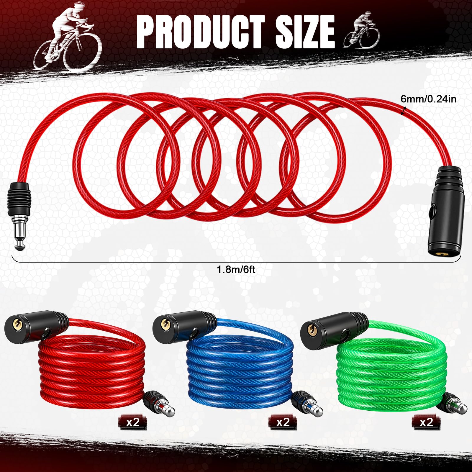 Moxweyeni Confezione da 6 cavi antifurto con chiavi, 1,8 m x 6 mm, in acciaio, per bicicletta, moto, scooter, cancello, recinzione, cassetta degli attrezzi, 3 colori