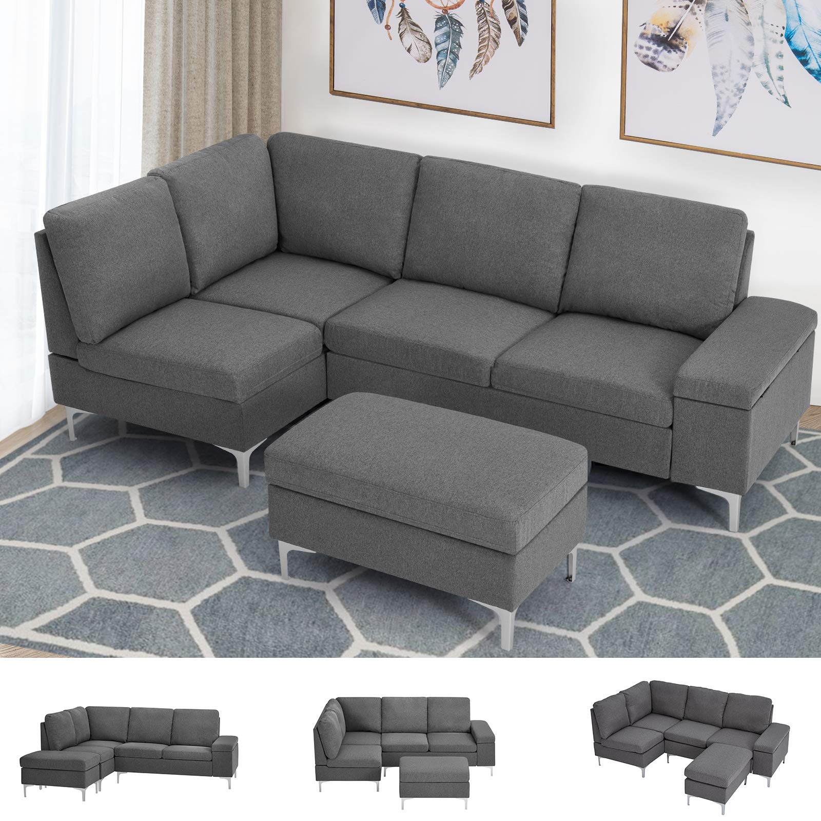 Esright Left Facing Sectional Sofa with Ottoman,Convertible Corner Couches with Armrest Storage, Sectional Couch for Living Room & Apartment, Left Chaise & Grey