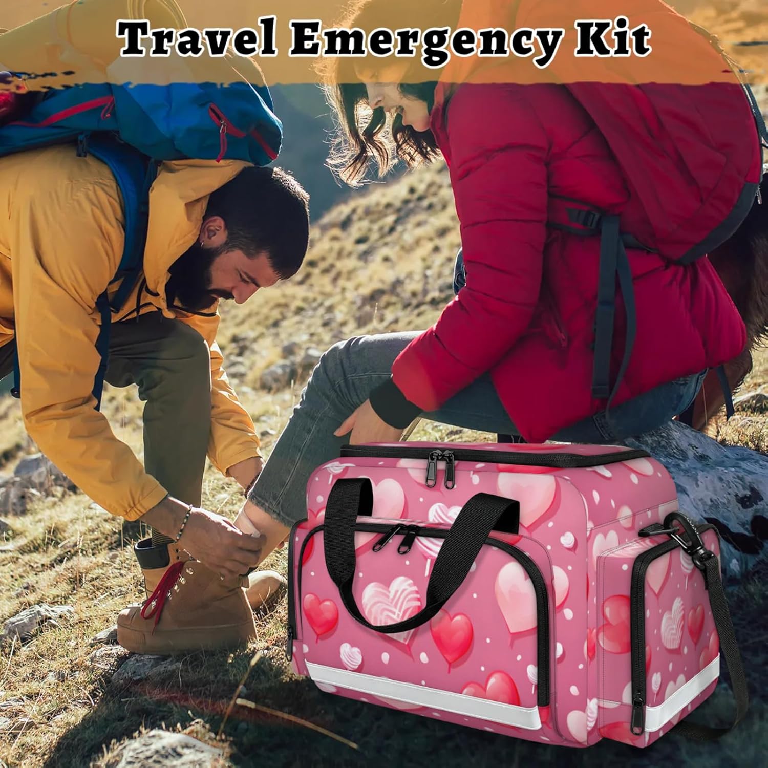 First Aid Bags Empty, Red Pink Heart Emergency Bag First Aid Kit Multiple Compartment Kit Carrier On Call Trauma Bag for Paramedics Emergency Medical Supplies Kit