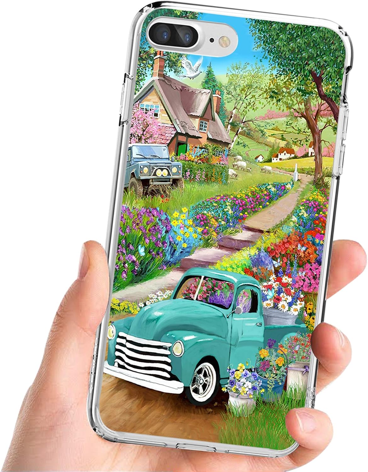 cocomong Farmhouse Spring for iPhone 7 Plus 8 Plus Case Blue Truck Fresh Spring Flowers Pattern Soft TPU Thin Phone Case for iPhone 7 Plus/ 8 Plus 5.5" Protective Anti-Drop-Scratch Spring Decoration