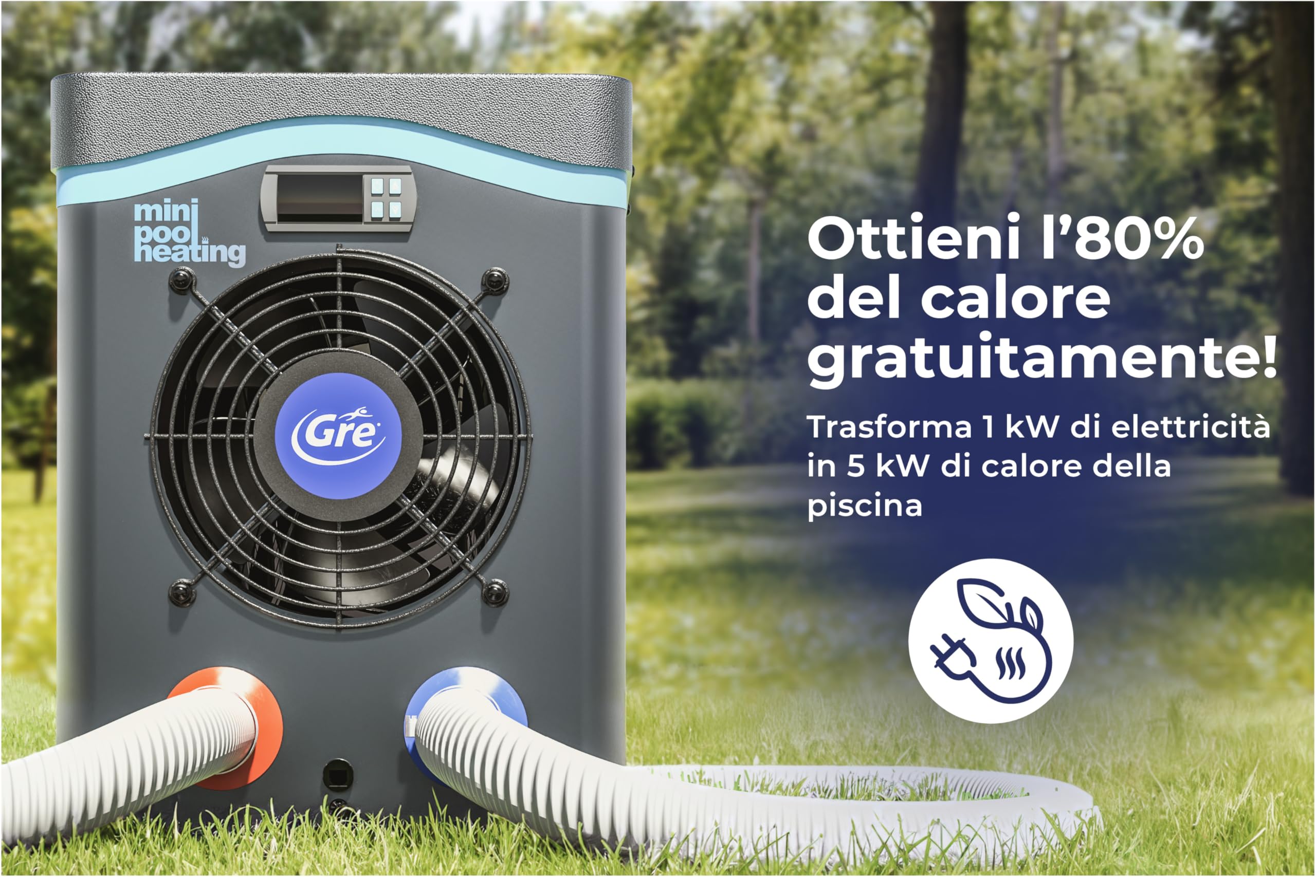 Gre Mini Pompa di Calore Fino a 28°C Senza Bypass Piscine Fuori Terra 20 m³