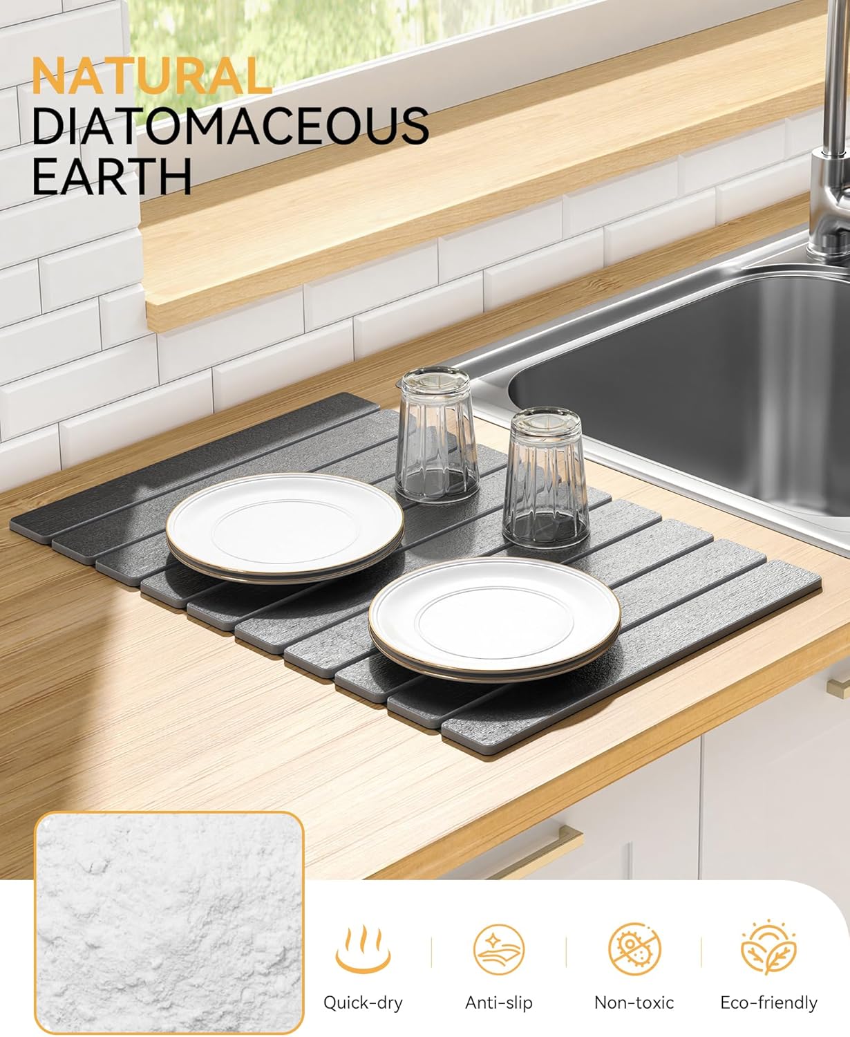 Yofidra Large Stone Dish Drying Mat for Kitchen Counter, Quick Dry Stone Mats with Absorbent Diatomaceous Earth, Foldable Roll Up Drying Organizer Pad for Utensils Plate, 24"×16", Dark Gray