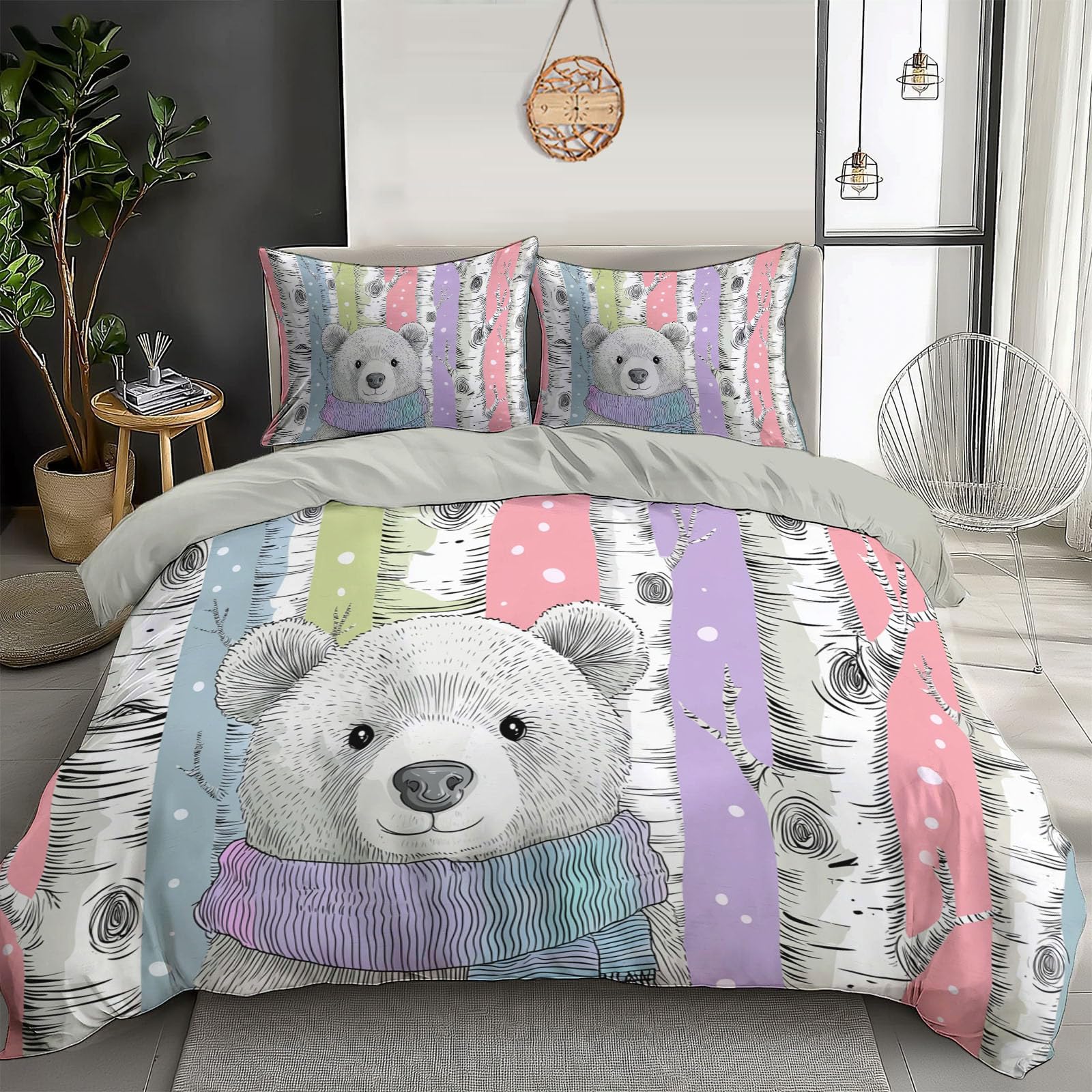 Parure de lit 200x200cm bouleau ours avec 2 taies d'oreiller