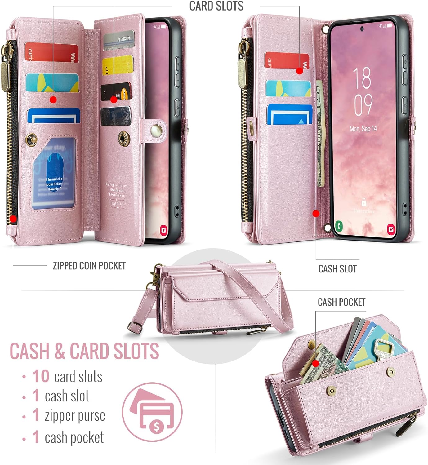 Asuwish Phone Case for Samsung Galaxy S25 FE 5G Zipper Wallet Cover with Tempered Glass Screen Protector and Leather Flip RFID Blocking Card Holder Cell S 25 EF S25FE 25S 25FE Women Girls Rose Gold