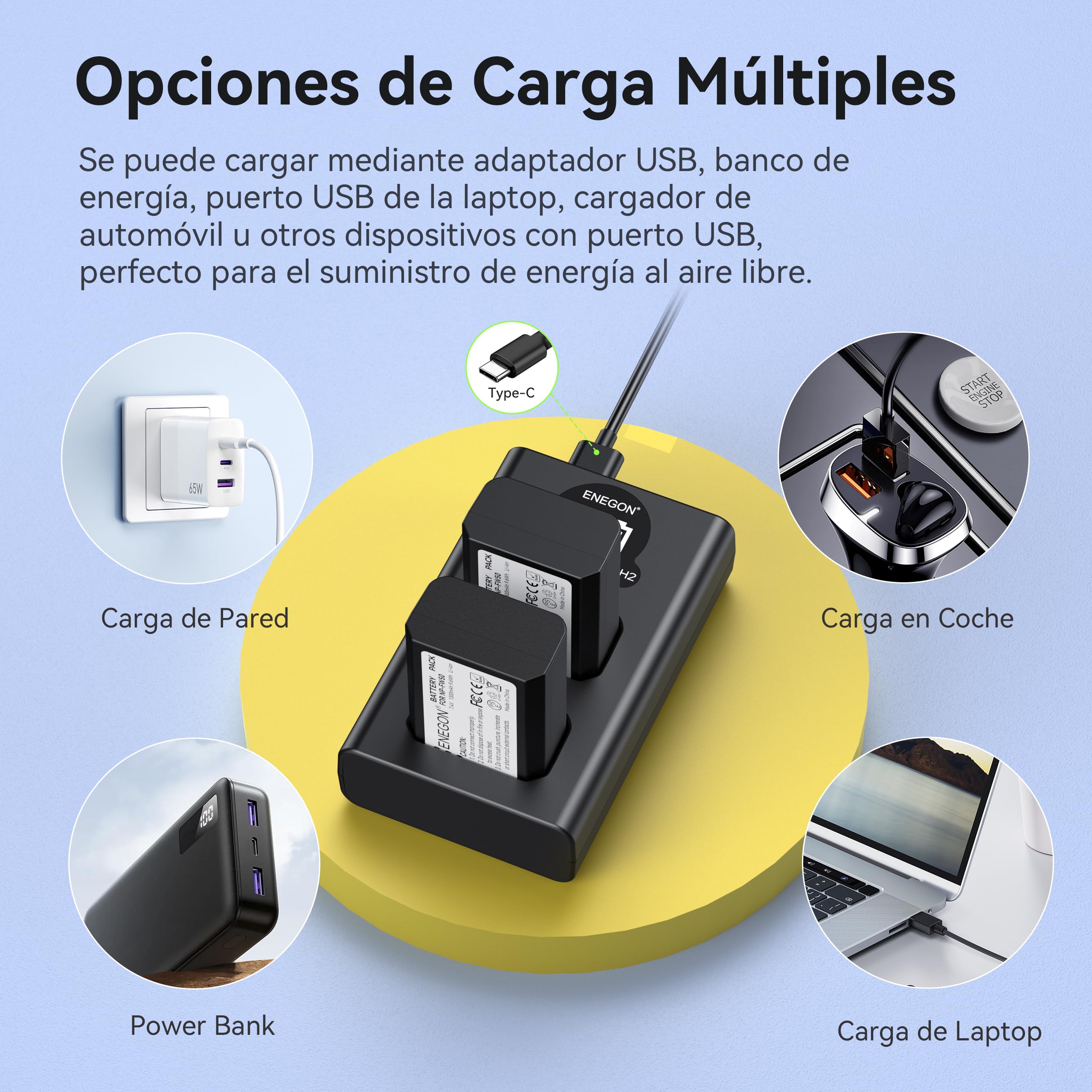 ENEGON Batteries NP-FW50 (2x1300mAh) + Chargeur LCD Intelligent USB Double Entrée – Kit Haute Capacité Compatible avec Sony Alpha ZV-E10, A6500, A6400, A6300, A6000, A7, A7S, A7S II, A5100, A5000