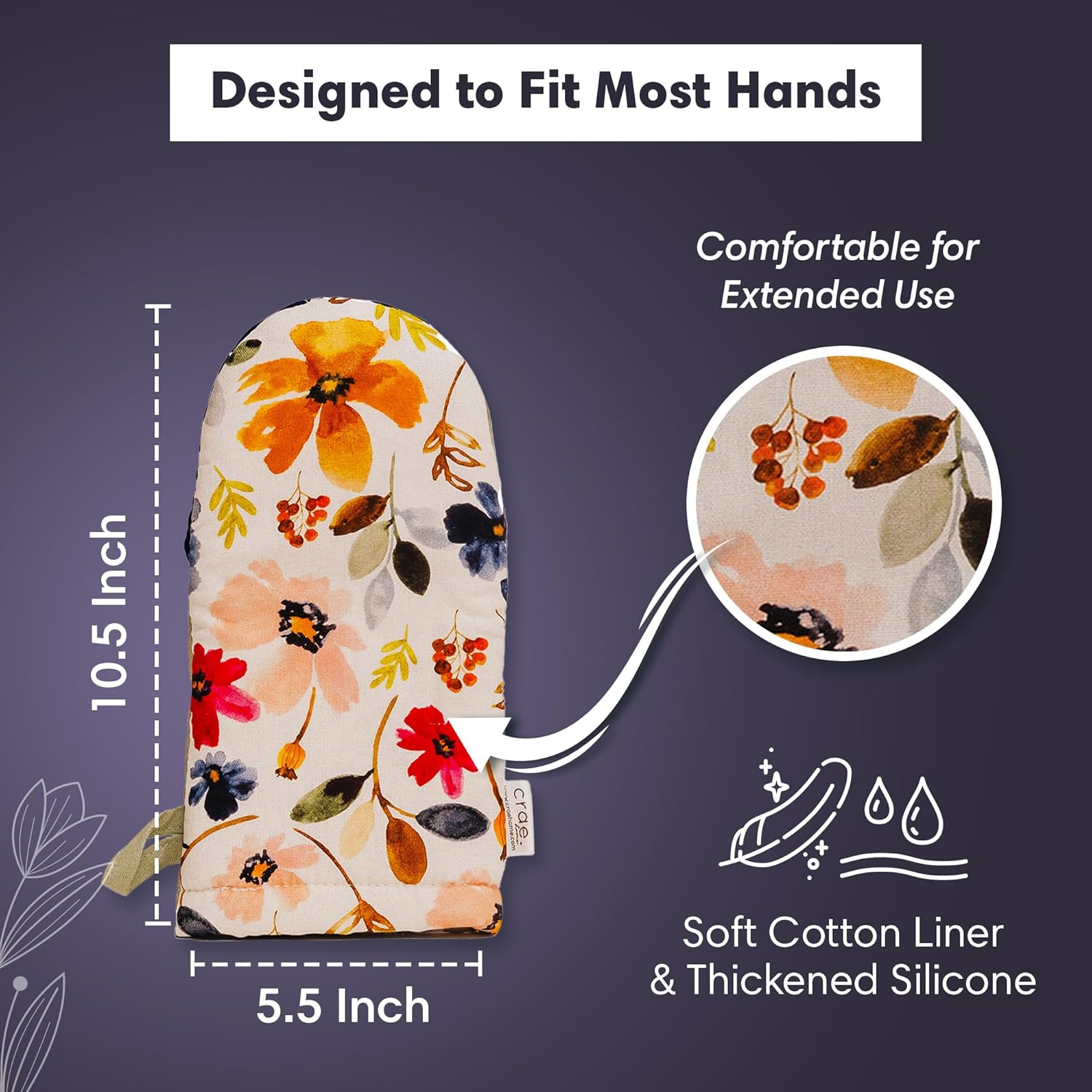 Crae Home - Cute Cotton Oven Mitt (Ester Pattern) | Silicone Grip Lined, Heat-Resistant Kitchen Mitt with Hanging Loop | Pot Holder Style Oven Glove for Baking & Cooking | 10.5” x 5.5”