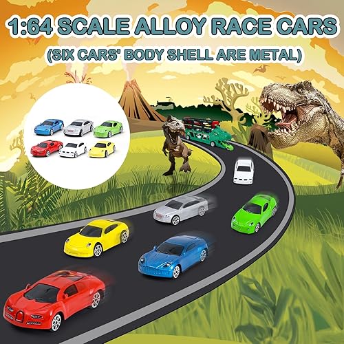 Miniatura 4 de Camión de dinosaurio 2 en 1 con 6 elegantes autos de carreras fundidos a presión para niños de más de 3 años, camión transportador de dinosaurios