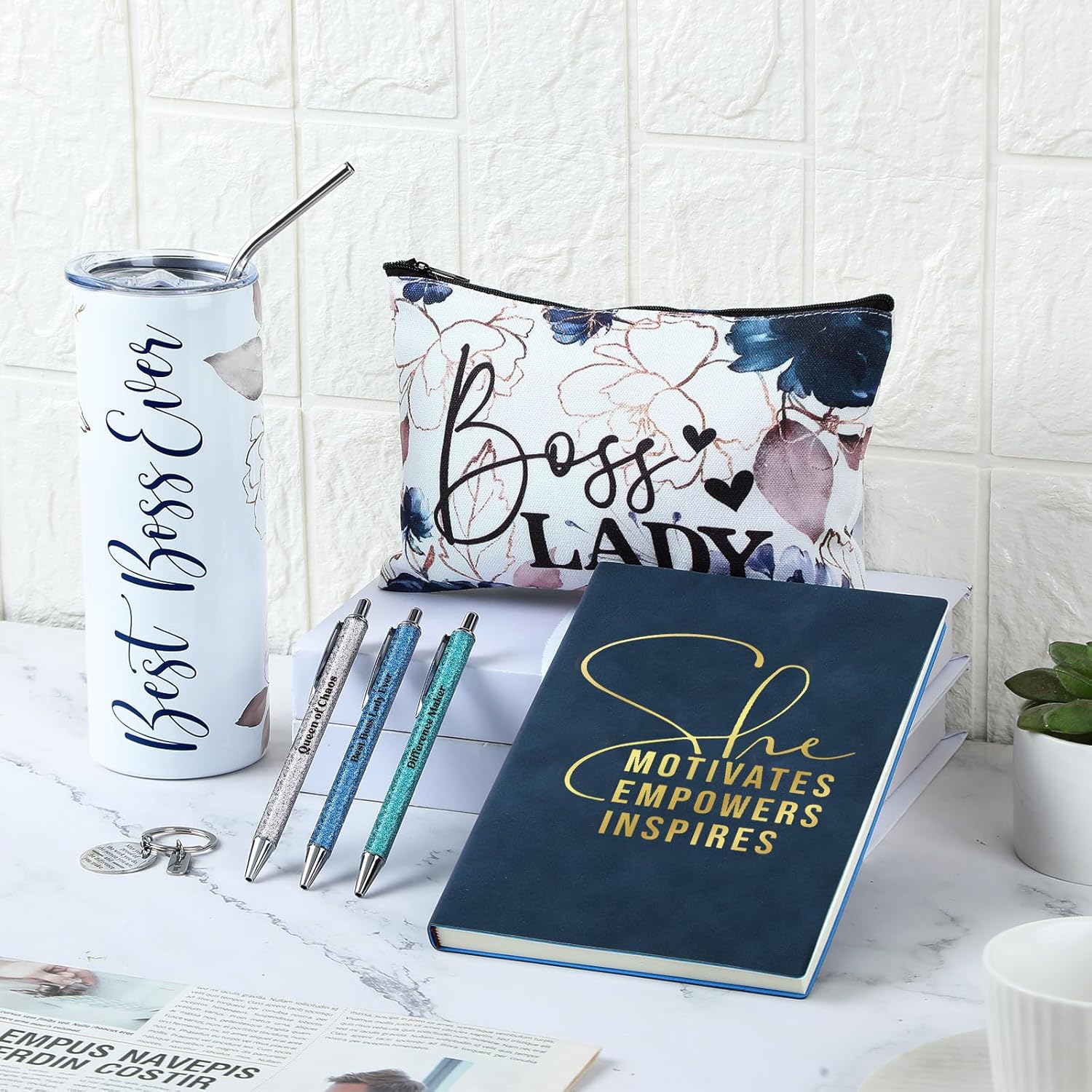 Skylety 7 Pcs Boss Lady Gifts Set for Women, Best Boss Ever Gift Idea 20 oz Stainless Steel Tumbler Makeup Bag Notebook Keychain Ballpoint Pens, Thank You Gifts for Female Leaders(Dark Blue)