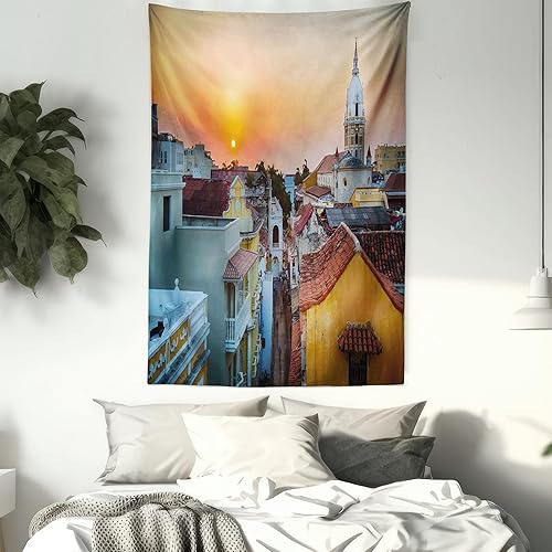 Miniatura 7 de Ambesonne Tapiz de puesta de sol, vista sobre los tejados de la ciudad vieja, imagen de la costa colombiana, para colgar en la pared para