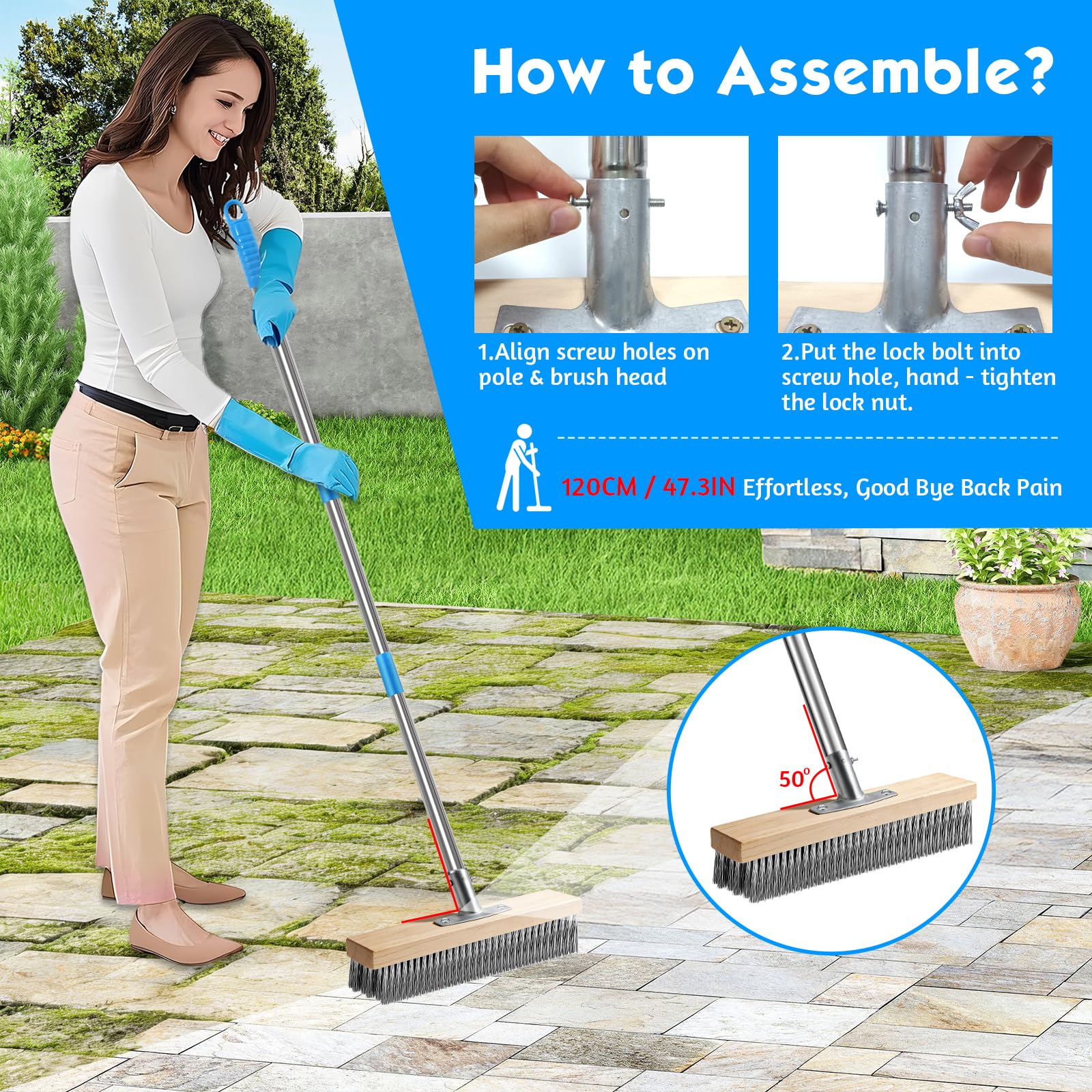 2 Pezzi Scopa per Esterni Metallico con Manico, 120CM Spazzolone per Pavimenti, Può Rimuovere Erbacce, Muschio e Macchie Ostinate, Scopa per Esterni per Patio, Terrazza, Piscina, Trasversale