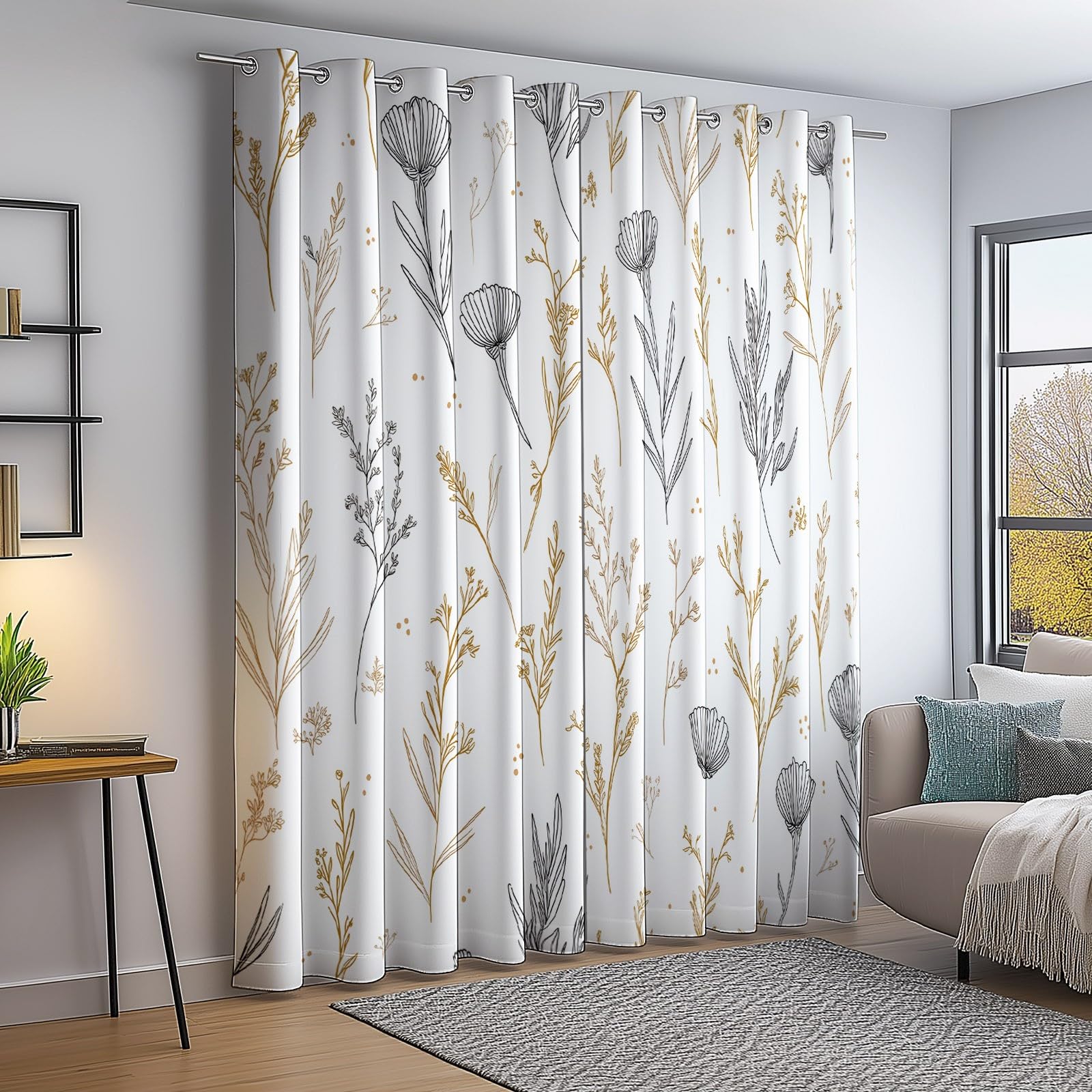 Blackout Curtains for Bedroom Cream Simple Golden Lines Wildflowers In The Meadow Pattern Thermal Insulated Eyelet Curtains for Nursery Living Room Decor, Thermal Drapes W 46" x L 72" (2 Panels)