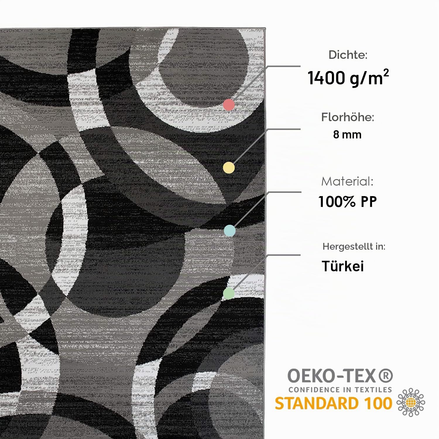 Carpeto Groß Teppich Wohnzimmer 200x300cm Anthrazit Grau Geometrisch Weich
