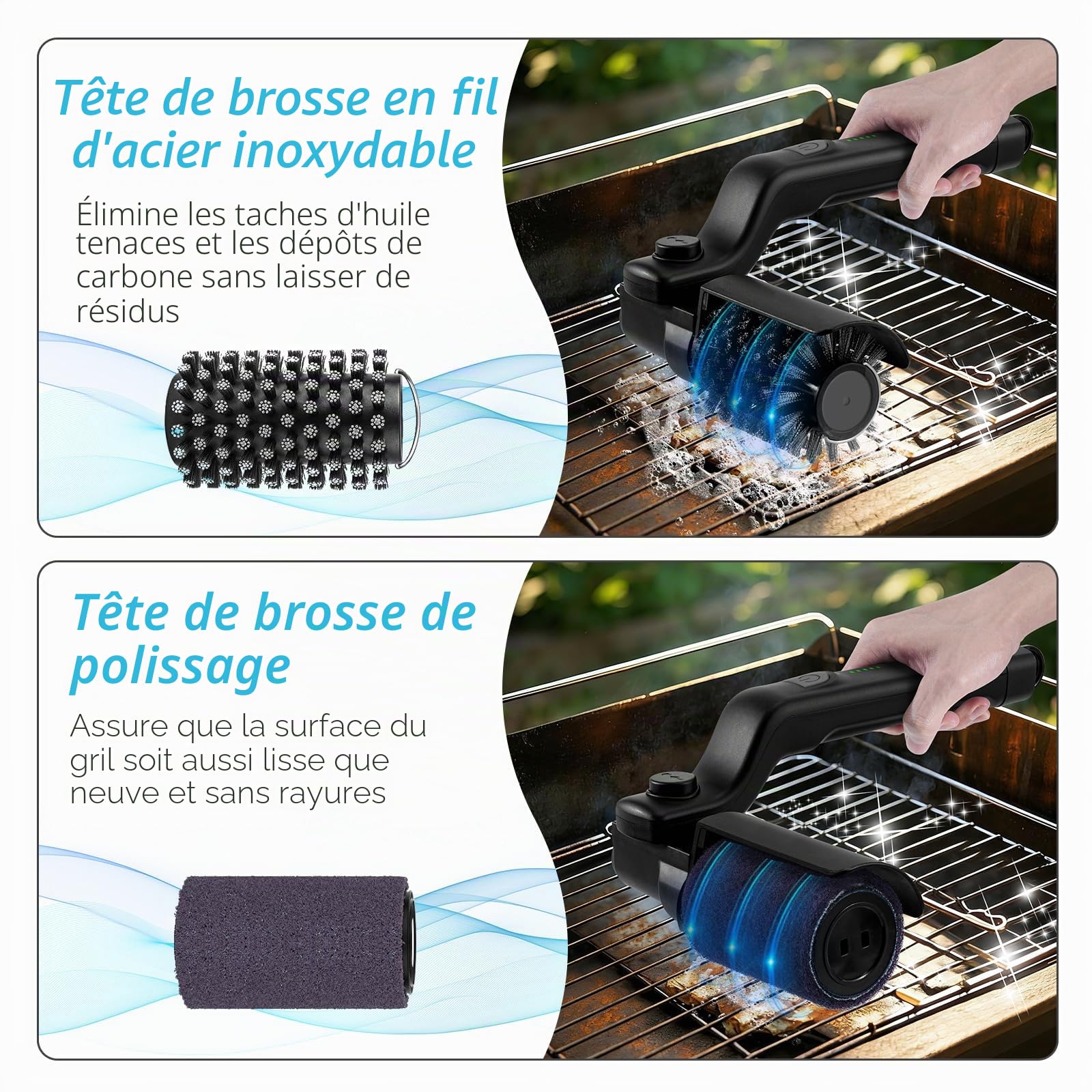 Brosse Électrique pour Barbecue, Brosse de Nettoyage de Gril sans Fil avec 3 Vitesses et 2 Brosse, 180° Réglable, Rechargeable Nettoyeur de BBQ en Acier Inoxydable pour Grilles de Barbecue