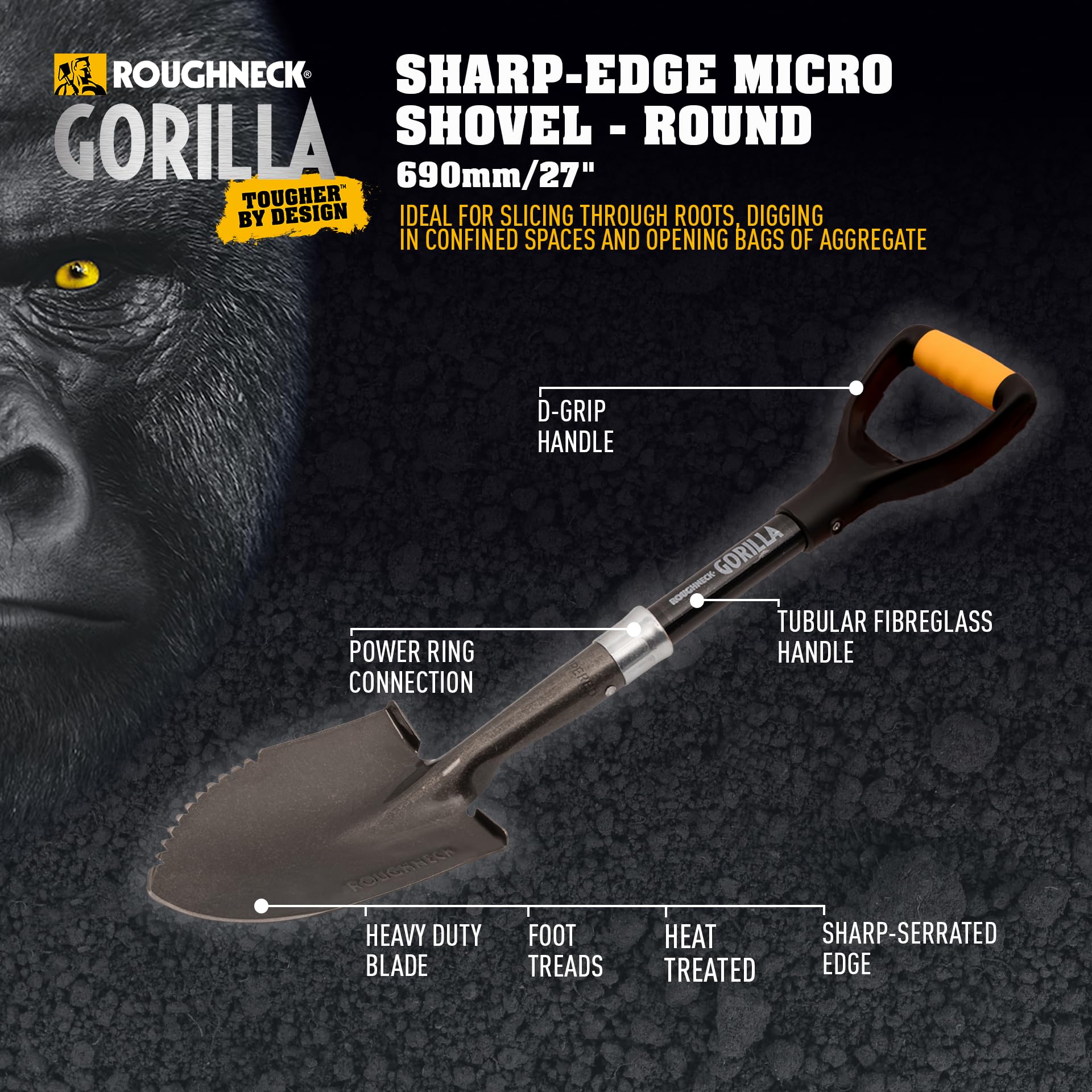 Pelle Micro à Lame tranchante Roughneck Gorilla 690 mm (27") – Lame Ronde Robuste pour Couper, Creuser et Ouvrir Les big Bags dans Les espaces restreints