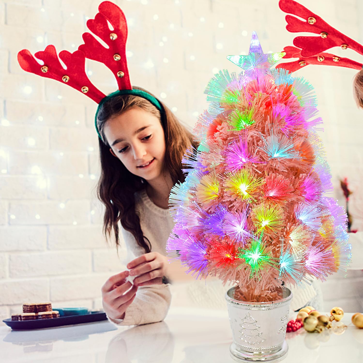VEYLIN Albero di Natale in fibra ottica da 2 piedi, piccolo albero di Natale per decorazione di casa e ufficio (Rosa)