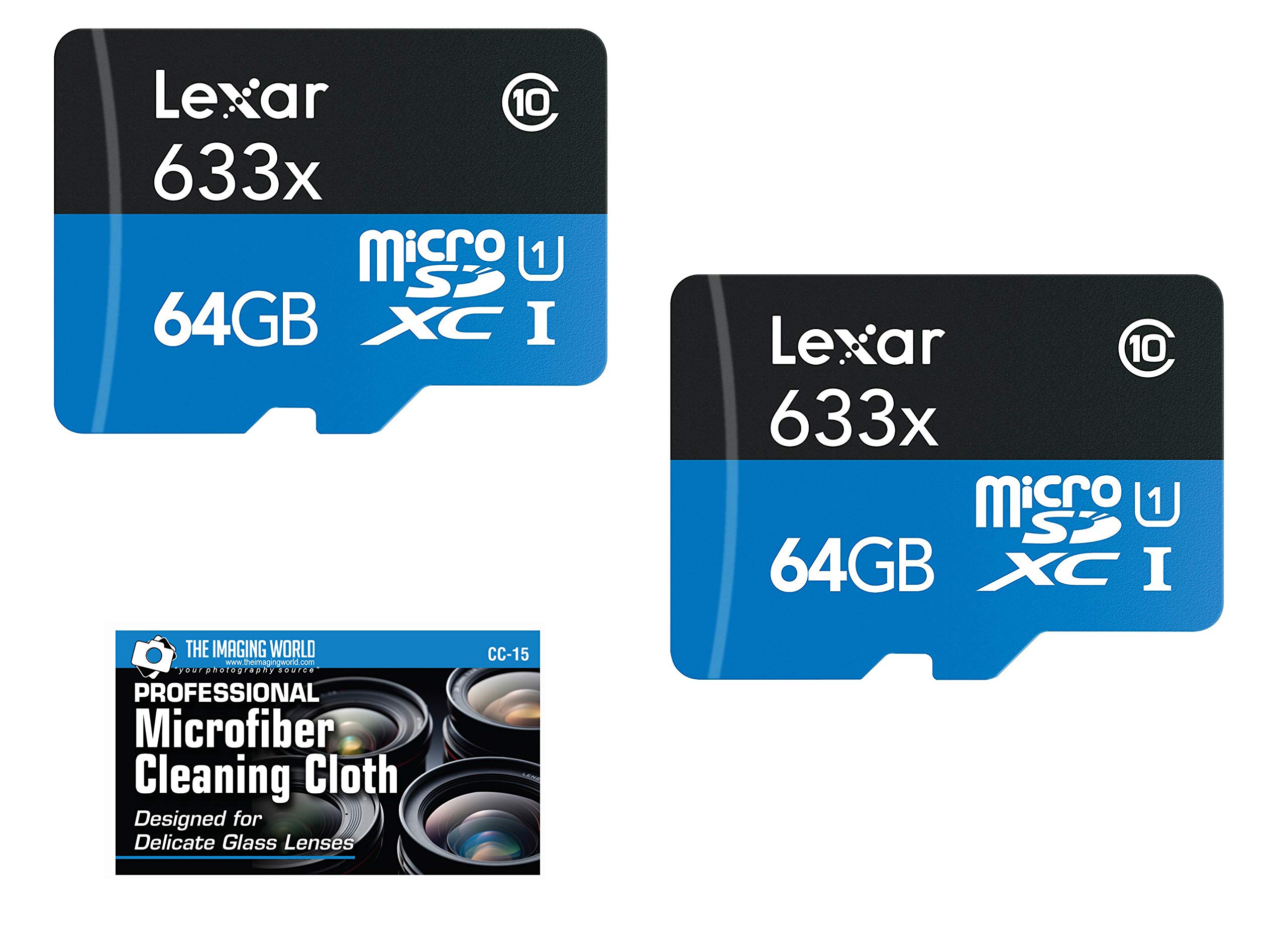 Lexar 64GB microSDXC UHS-I 633X High-Performance Memory Card - 2 Pack + Microfiber Cloth