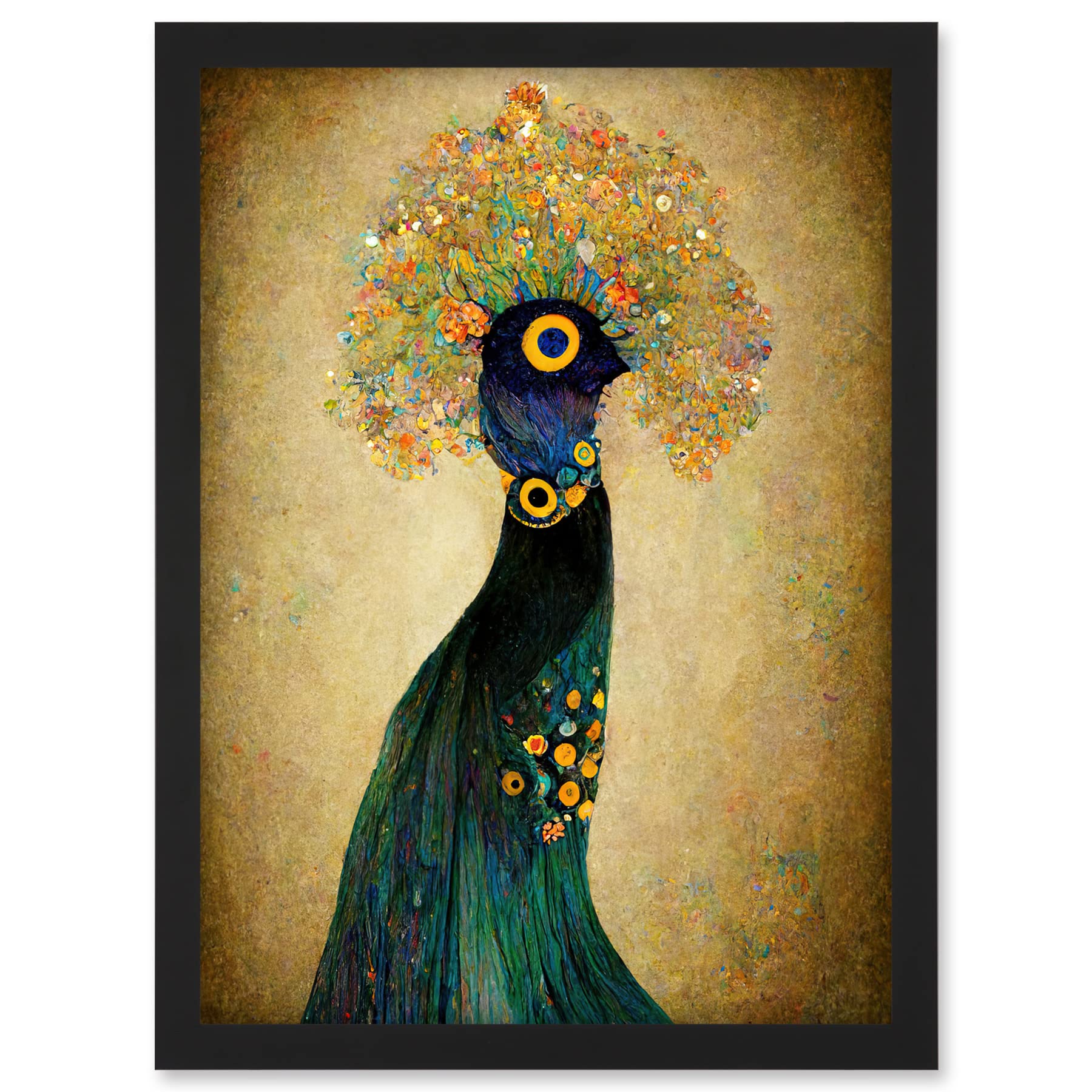 Doppelganger33 LTD Elegant Peacock Portrait In Emerald And Gold Gustav Klimt Artwork Framed A3 Wall Art Print