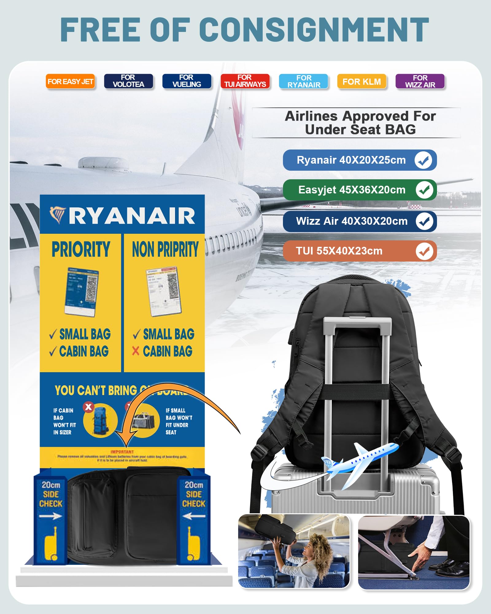 bergsalz Zaino Sottovuoto Viaggio Con Pompa, Zaino Ryanair Easyjet 45x36x20 Con Sottovuoto Incorporato, Zaino Da Viaggio Grande Da Donna Uomo Aereo Bagaglio a Mano Nero