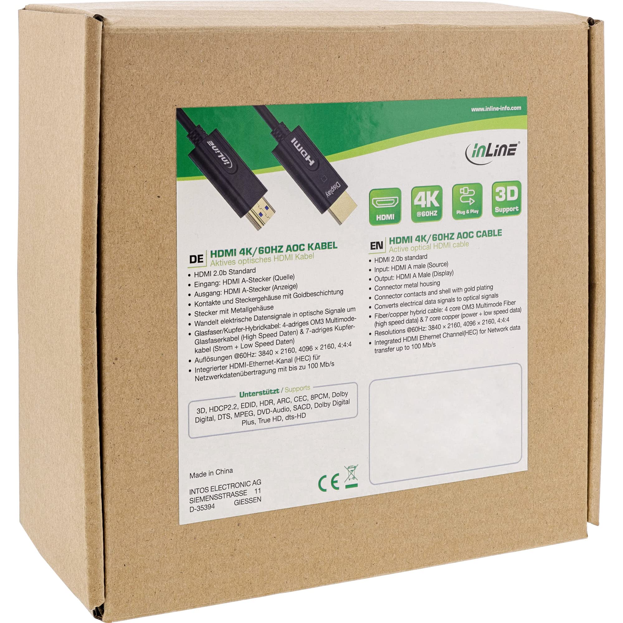 InLine® Cavo HDMI AOC, HDMI ad alta velocità con Ethernet, 4K/60Hz, maschio/maschio, 30 m