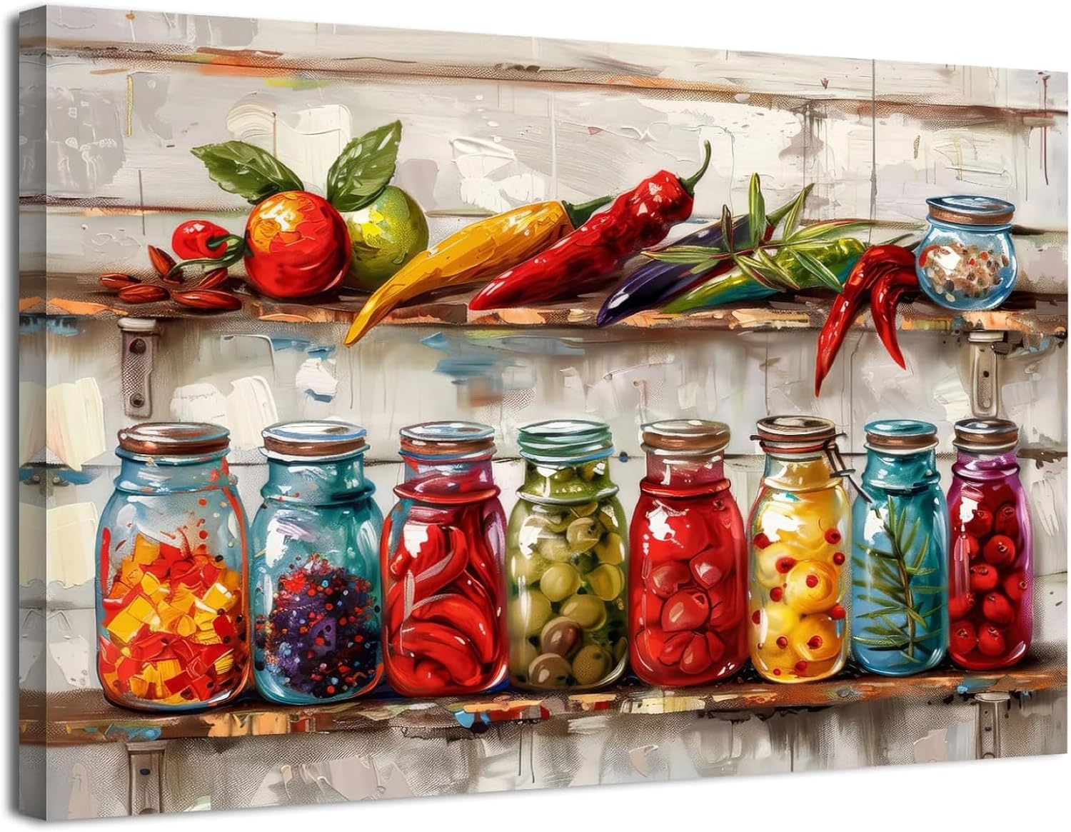 Dining Room Wall Art Colorful Food Spices Wall Decor for Kitchen Rustic Farmhouse Canvas Pictures Mason Jar Vegetables Fruits Prints Painting Still Life Artwork for Restaurant Home Decorations 24x36"