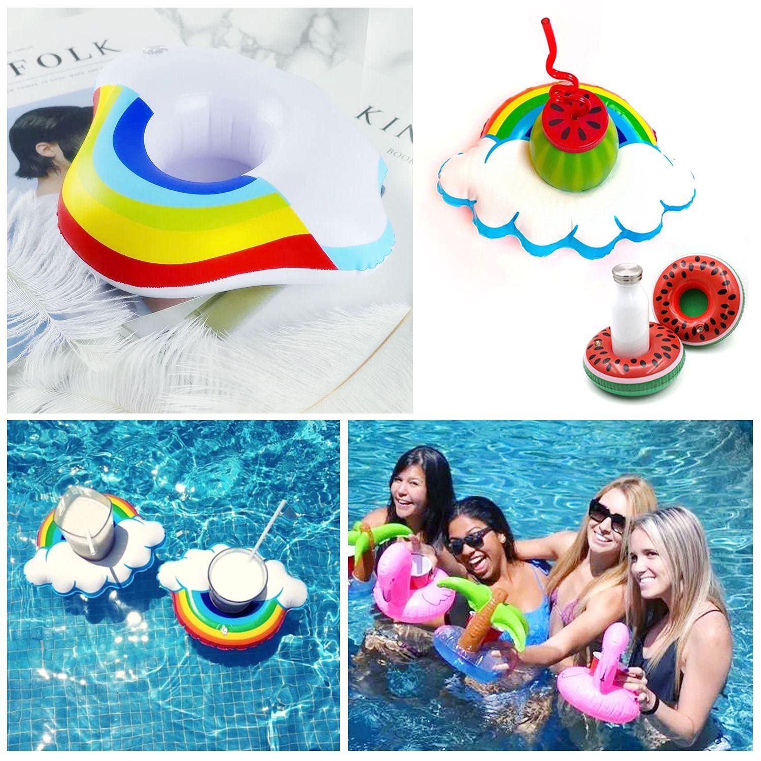 Pack De 6 Portavasos Inflables Con Formas De Verano – Unicornio, Flamenco, Sandía Y Más Para Piscina