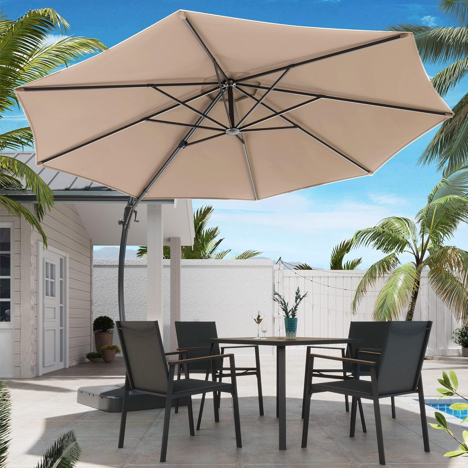 11FT Curvy Cantilever Offset Patio Umbrella with Base, 360° Rotation, Sturdy Wind-Resistant Aluminum Frame,for Garden Pool Deck Backyard (11 FT Champagne)