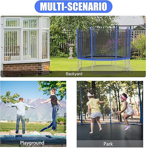 Miniatura 7 de TRY & DO Trampolín de 10 pies y 12 pies para niños y adultos  Trampolín recreativo al aire libre con red de recinto y escalera y almohadilla de