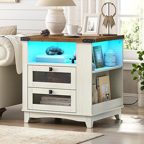 Mesa auxiliar de granja con estación de carga, mesa auxiliar de sofá grande de 24 pulgadas con luz LED y 2 cajones, mesita de noche cuadrada con