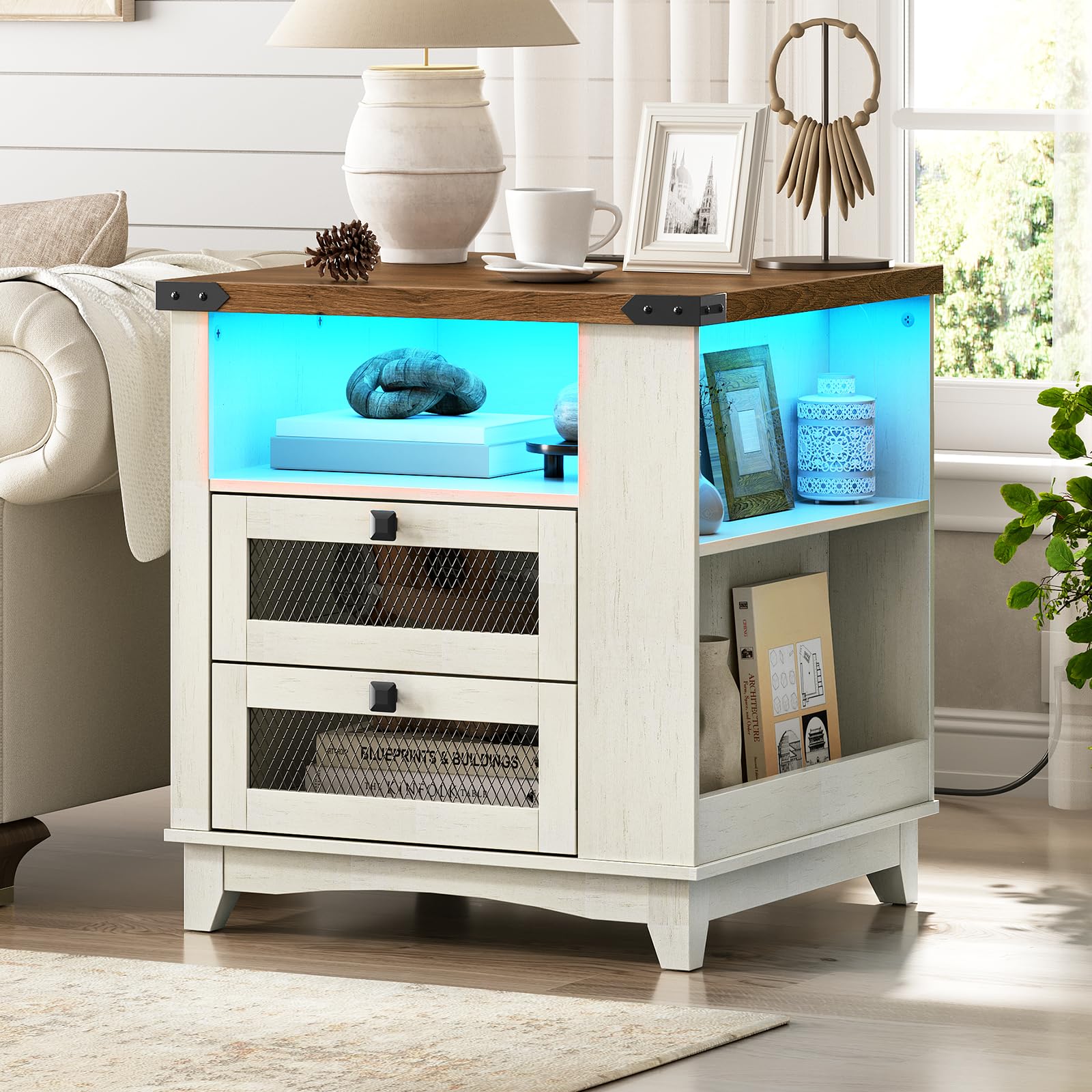 RALGEND Farmhouse End Table with Charging Station, 24''Large Sofa Side Table with LED Light and 2 Drawers, Square Nightstand with Side Shelves, for