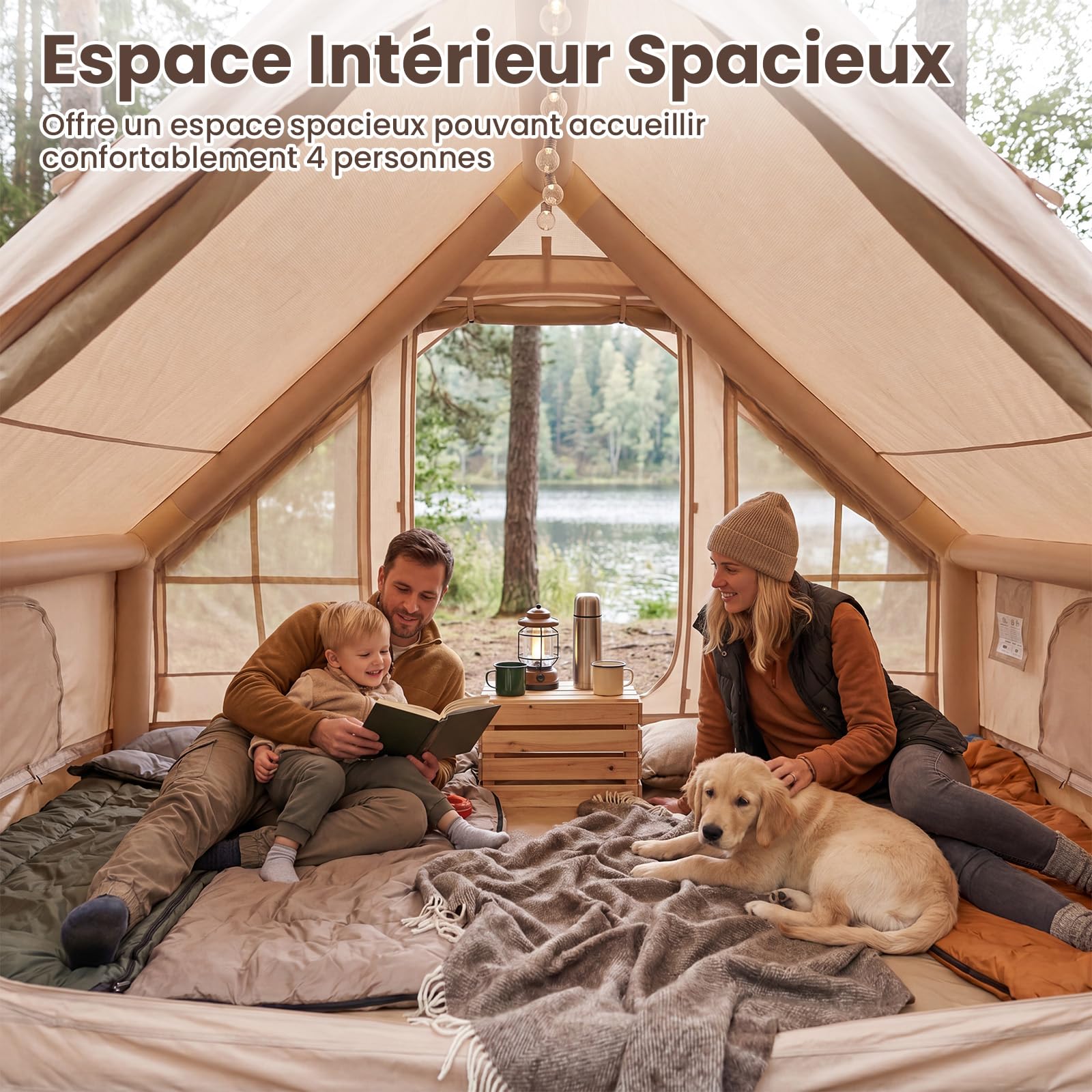 COSTWAY Tente de Camping Gonflable, Grande Tente Portable 4 Personnes avec Pompe à Air Ouverture de Cheminée Port Climatiseur, pour Voyage Camping, 295 x 205 x 200 cm, Kaki