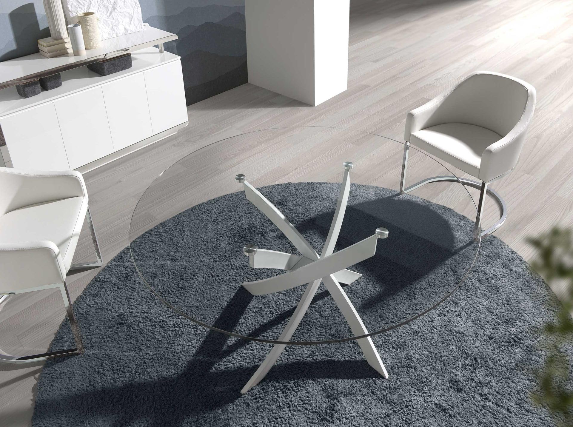Mesa de Comedor Redonda Ángel Cerdá 1138 de Cristal Templado Transparente y Patas de Acero Color Blanco, Ø 130 x 75 cm