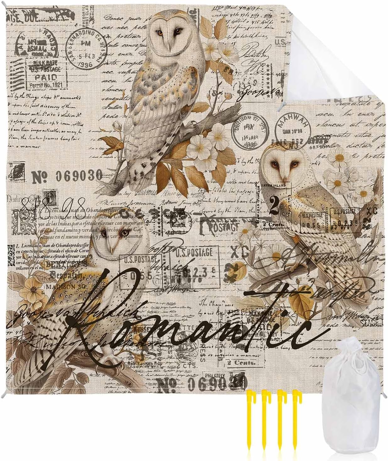 Farm Owl Tree Branch Flower Plant Beach Blanket Waterproof Sandproof Outdoor Picnic Mat 118"x108" Retro Letter Postmark on Linen Lightweight Large Beach Blankets with 4 Stake & 4 Corner Pockets
