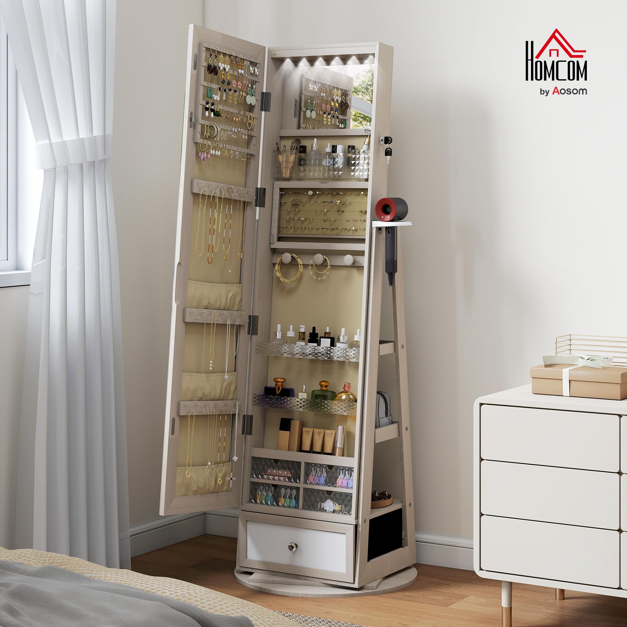 HOMCOM Miroir à bijoux avec éclairage LED, armoire à bijoux, armoire à bijoux avec miroir intégral, pivotant à 360°, tiroir, serrure, étagères ouvertes, support pour sèche-cheveux, naturel