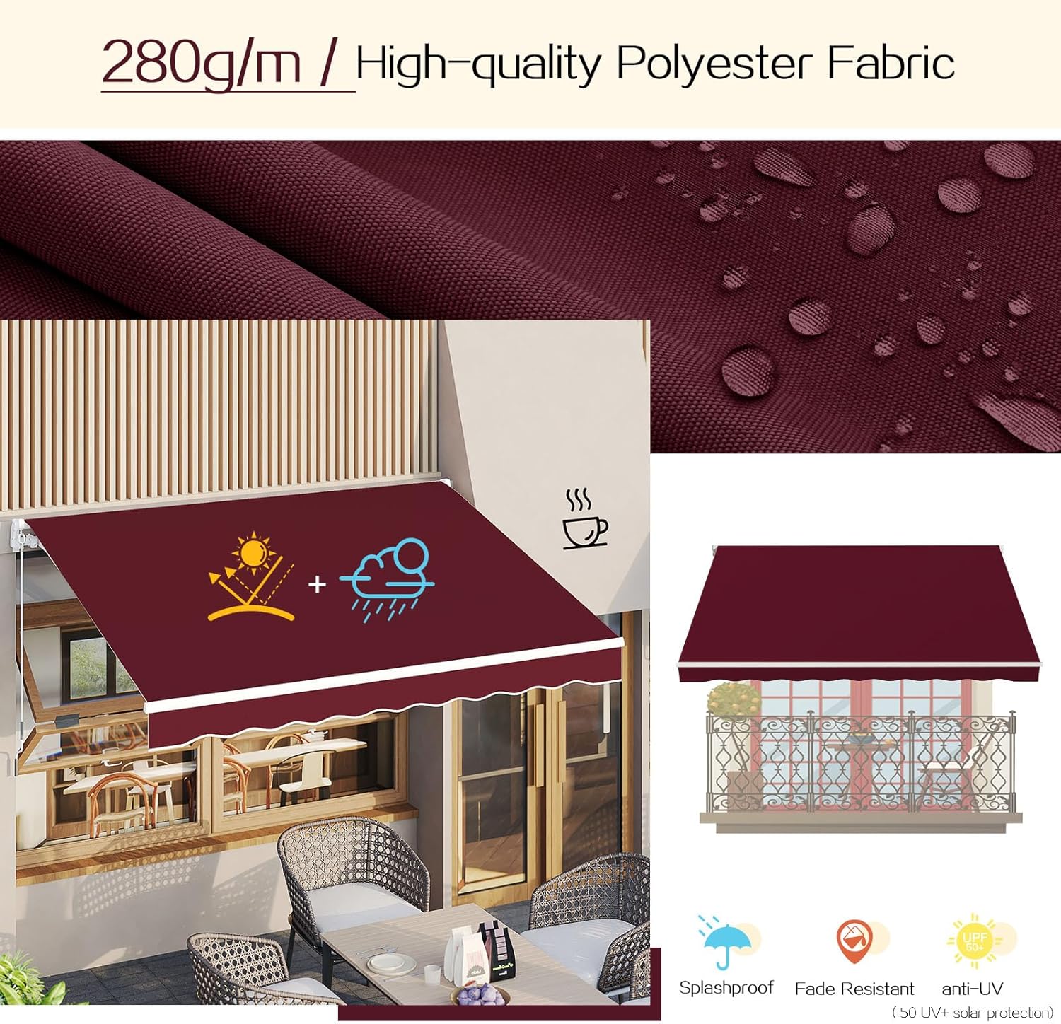 Close-up of the U-MAX awning fabric showing water resistance and UV protection icons.