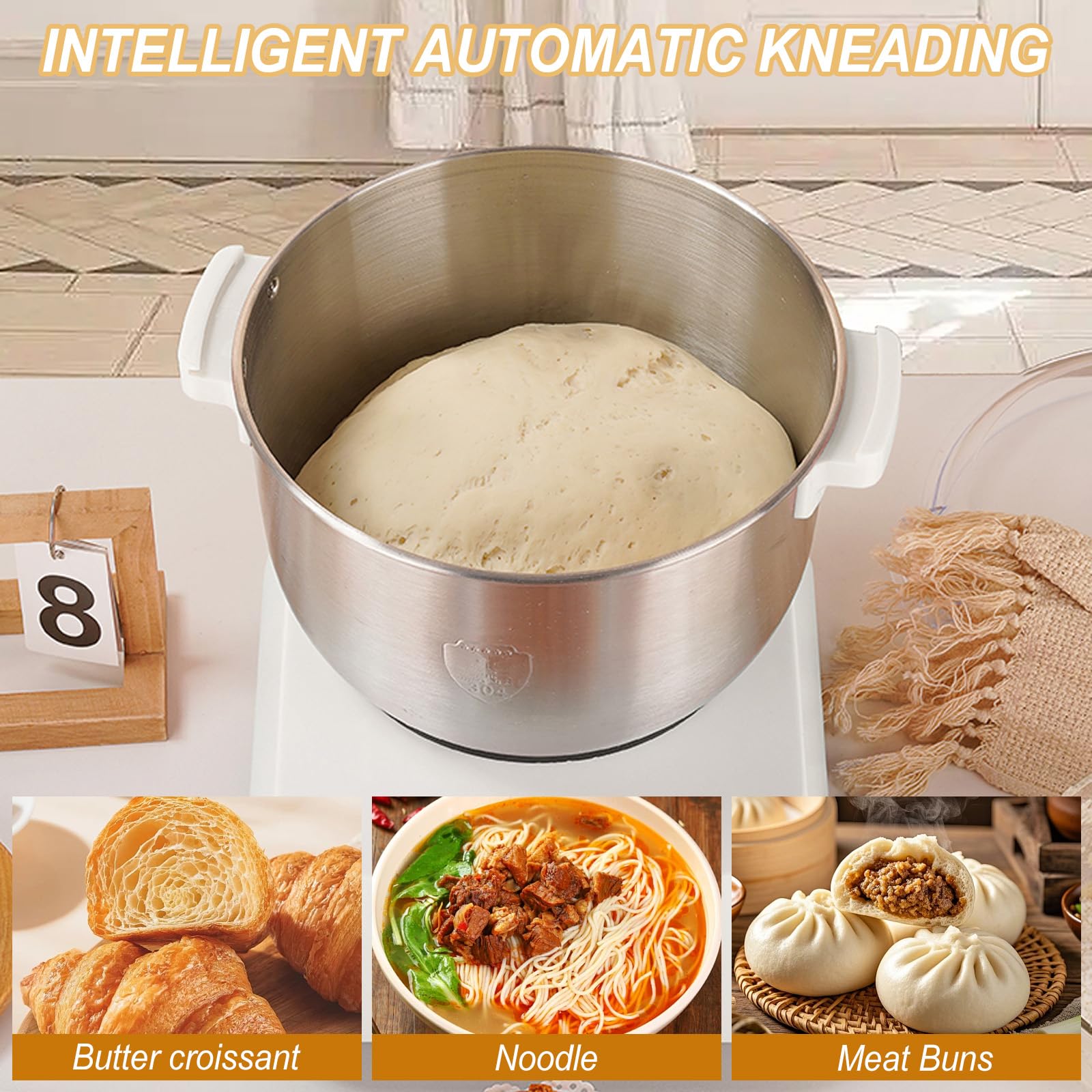 Edelstahl Teigmehl Mixer, 7L Teigknetmaschine mit Fermentierungsfunktion, Edelstahl Teigmaschine mit Timing, Touch Panel, auswechselbarer Klinge für das Backen zu Hause