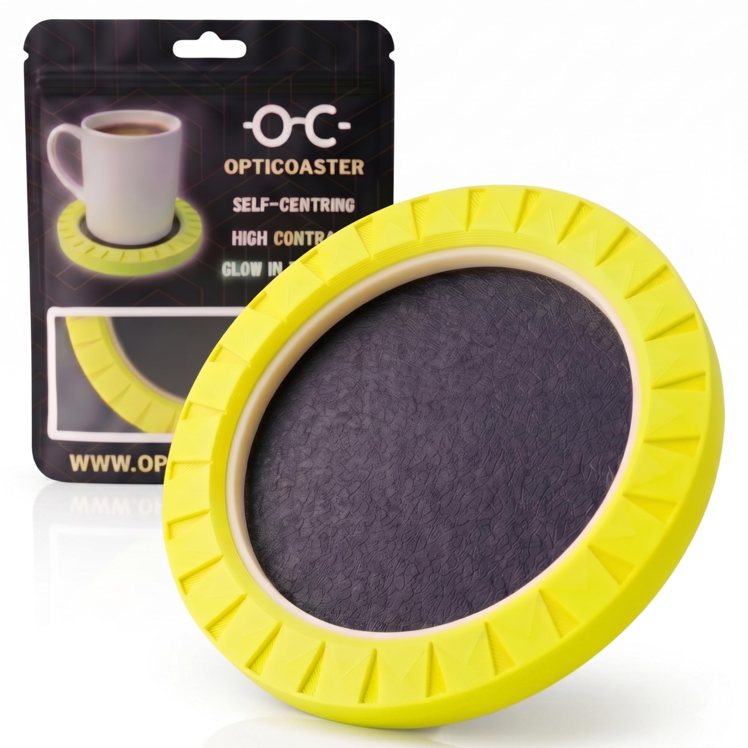 Opticoaster Yellow And Black High Contrast Drinks Coaster For Blind & Visually Impaired, Mug Placement Aid, Anti-Spill Cup Holder With Raised Edge, High Visibility Non-Slip