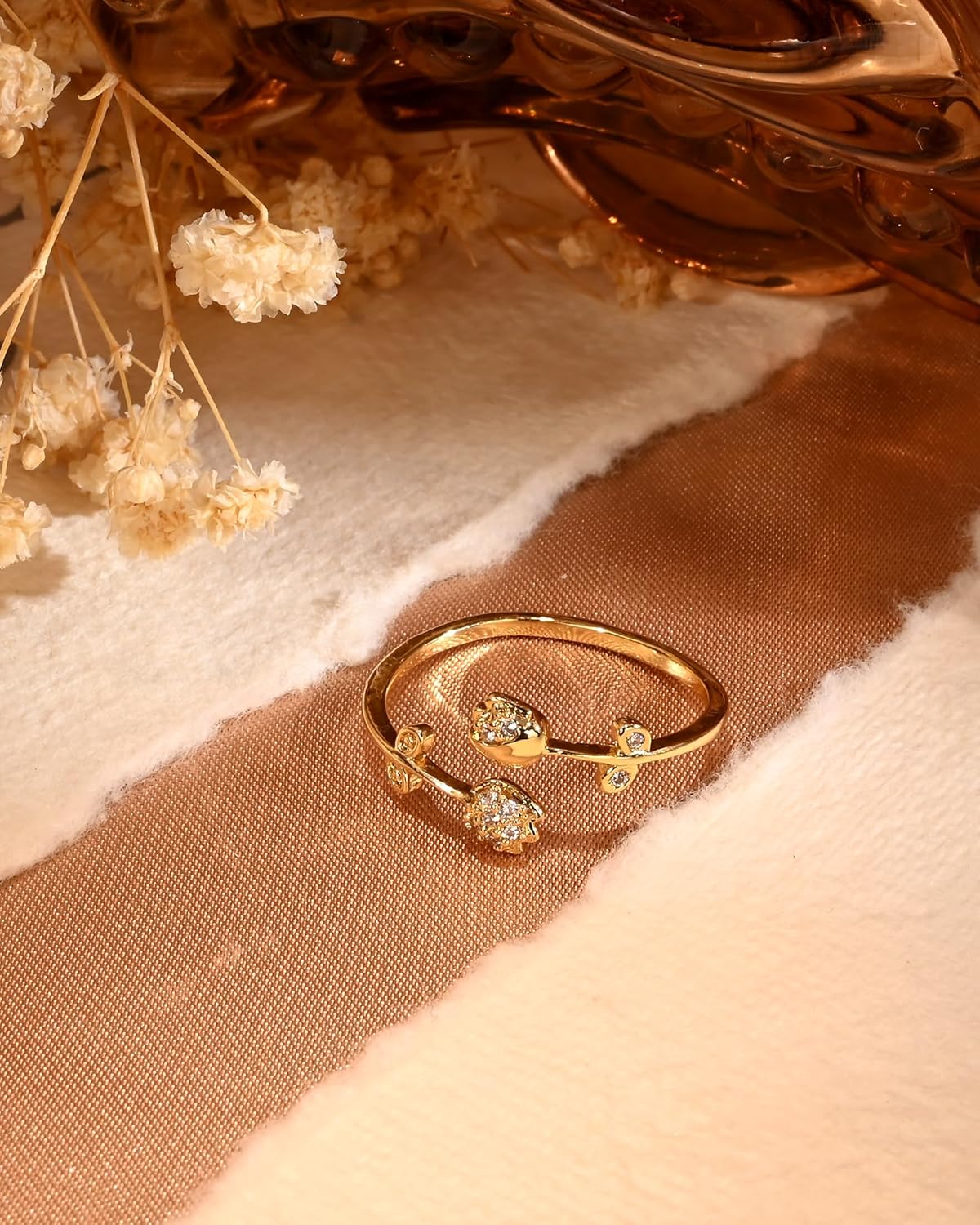 14K Gold Plated Cubic Zirconia Flower Open Ring Dainty Statement Adjustable Ring for Women Valentine's Day - Image 3