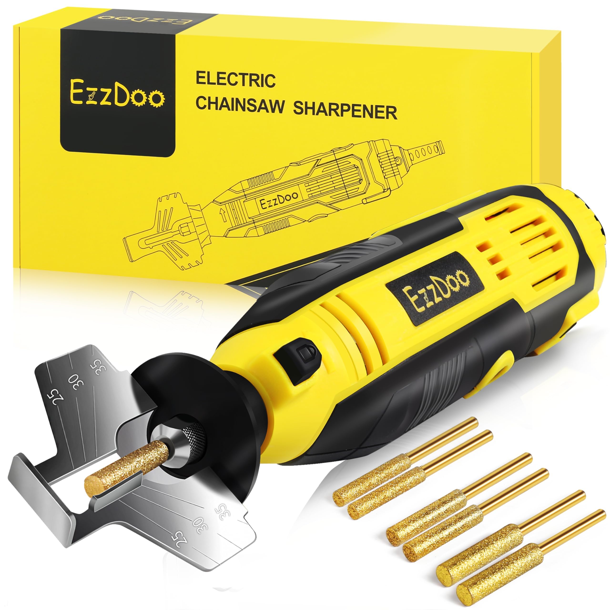 EzzDoo Electric Chainsaw Sharpener Kit with TITANIUM-COATED Diamond Bits - High-Speed Chain saw Sharpener Tool and 6 High Hardness Sharpening Wheels For All Chainsaw Chains.