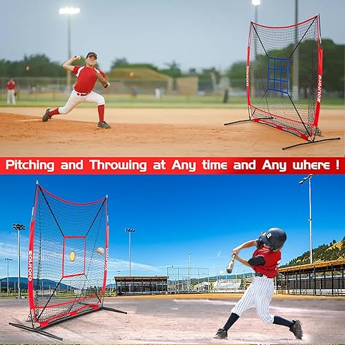 Miniatura 5 de Red de béisbol de 6 x 6 pies con 3 objetivos diferentes, red de práctica portátil para batear, pegar, lanzar y lanzar, paquete compacto con bolsa de