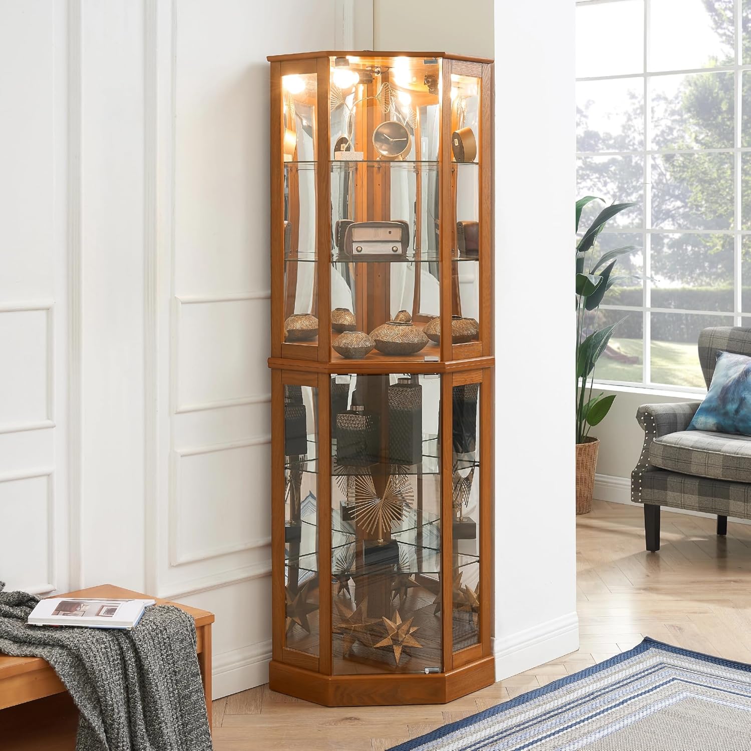 LKTART Corner Curio Cabinet with Lights, Glass Display Cabine, 72" Tall Corner Storage Cabinet with Mirrored Back Panel &Tempered Glass Doors and Adjustable Shelves (Oak)