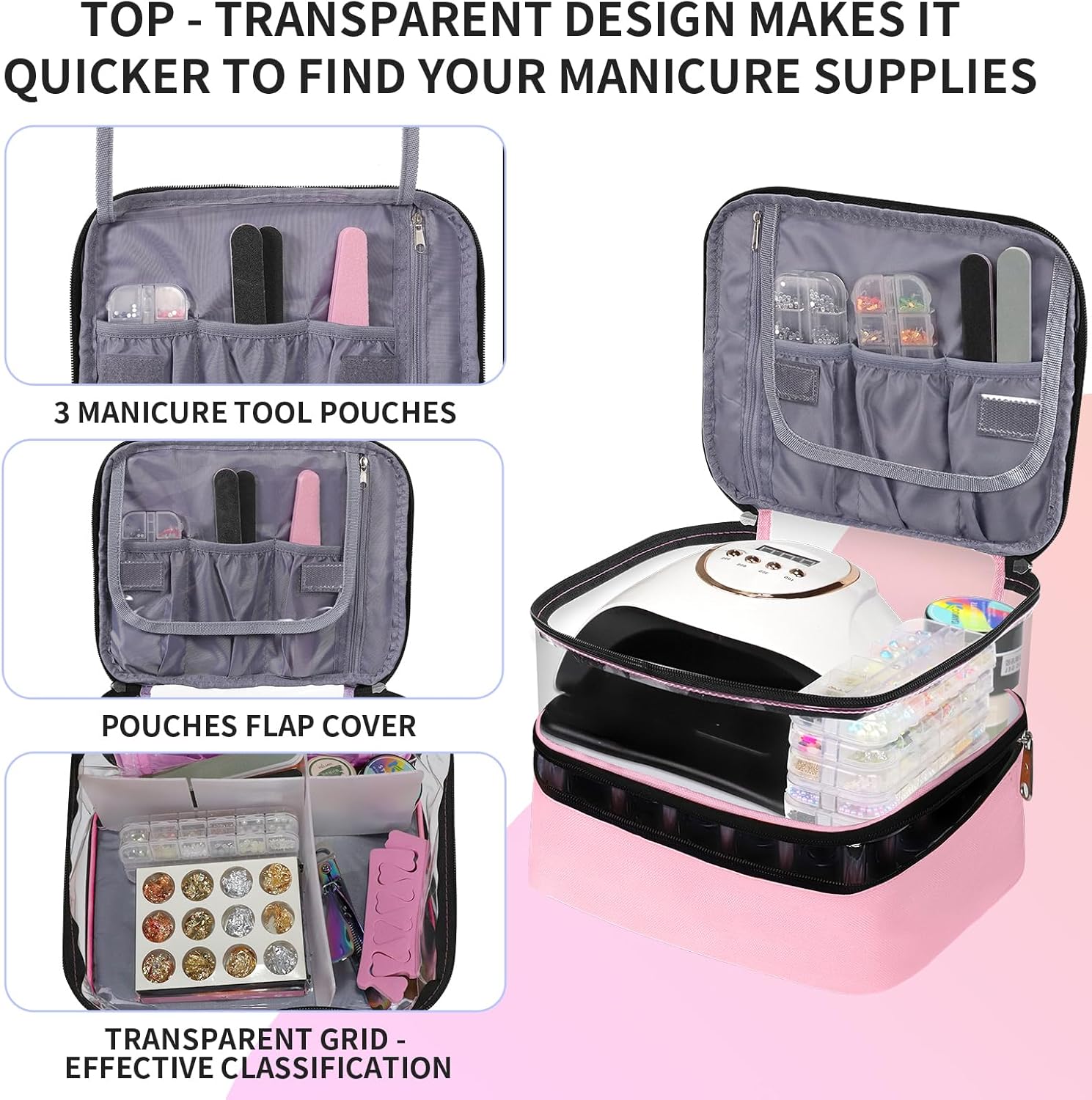 Clear Nail Polish Organizer Double layer Nail Polish Holds 30 Bottles and Nail Lamp, Nail Dryer Case Storage Supplies with Adjustable Dividers, Portable Nail Carrying Bag for Nail Tech (Pink)