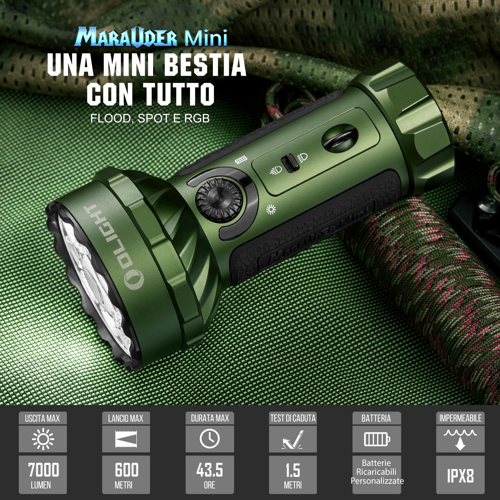 OLIGHT Marauder Mini Torcia Professional Power LED, Max 7000 Lumen, Impermeabile IPX8,5 Modalità, Proiettore, Riflettori e Torcia LED RGB USB Ricaricabile ad Alta Potenza per Escursioni, Campeggio