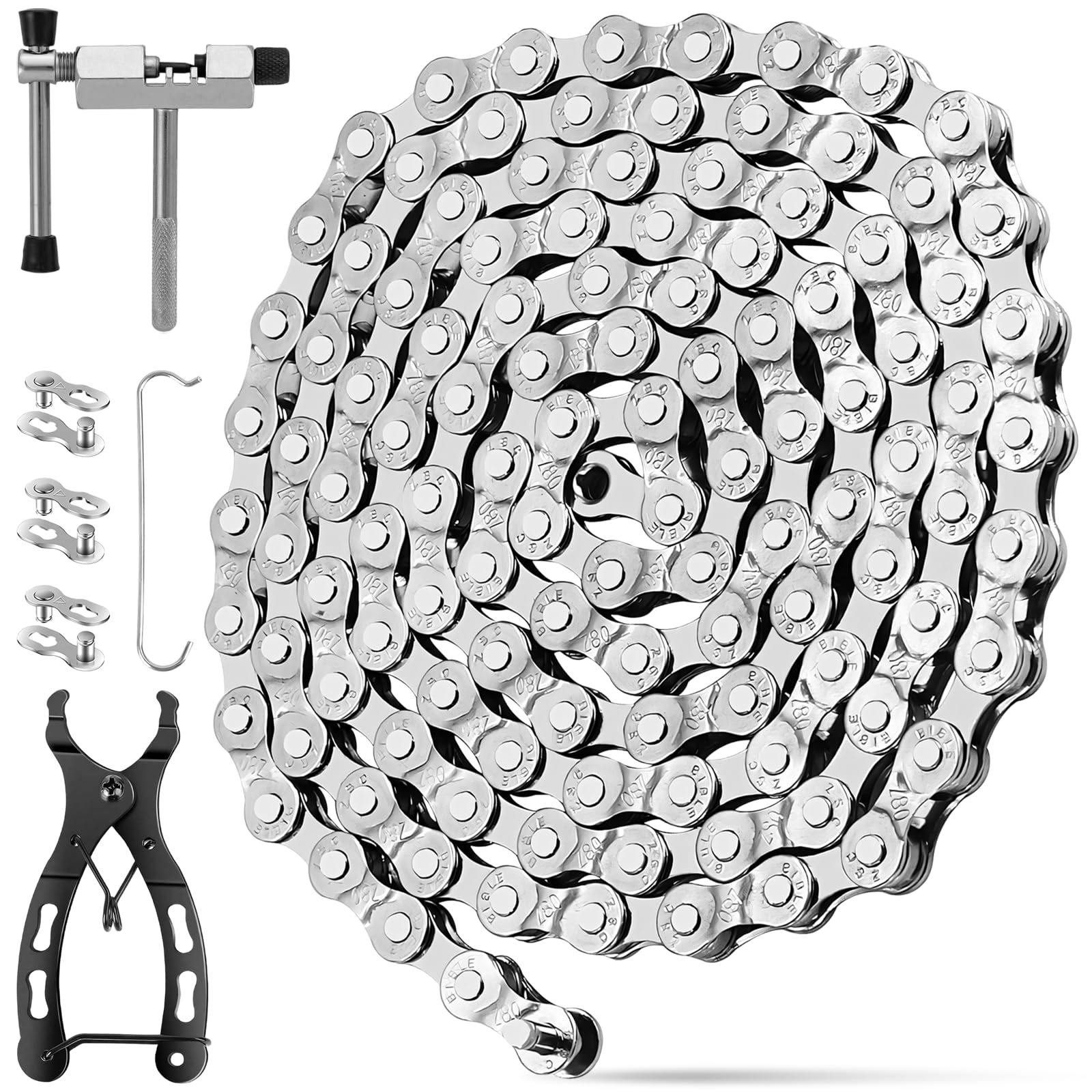 6/7/8 Mountain Bike Speed Chain 116 Links (1/2x3/32") Kit Includes Chains Connector Pliers, Chain Link Removal Tool & 3 Magic Buckles, Road Bicycle Maintenance Tools for MTB Bikes & Racing Cycling