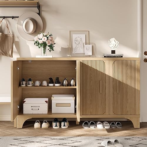 Vista 6 de Gabinete de buffet acanalado moderno de mediados de siglo con almacenamiento, aparador decorativo y armario de almacenamiento de credenza con Roble