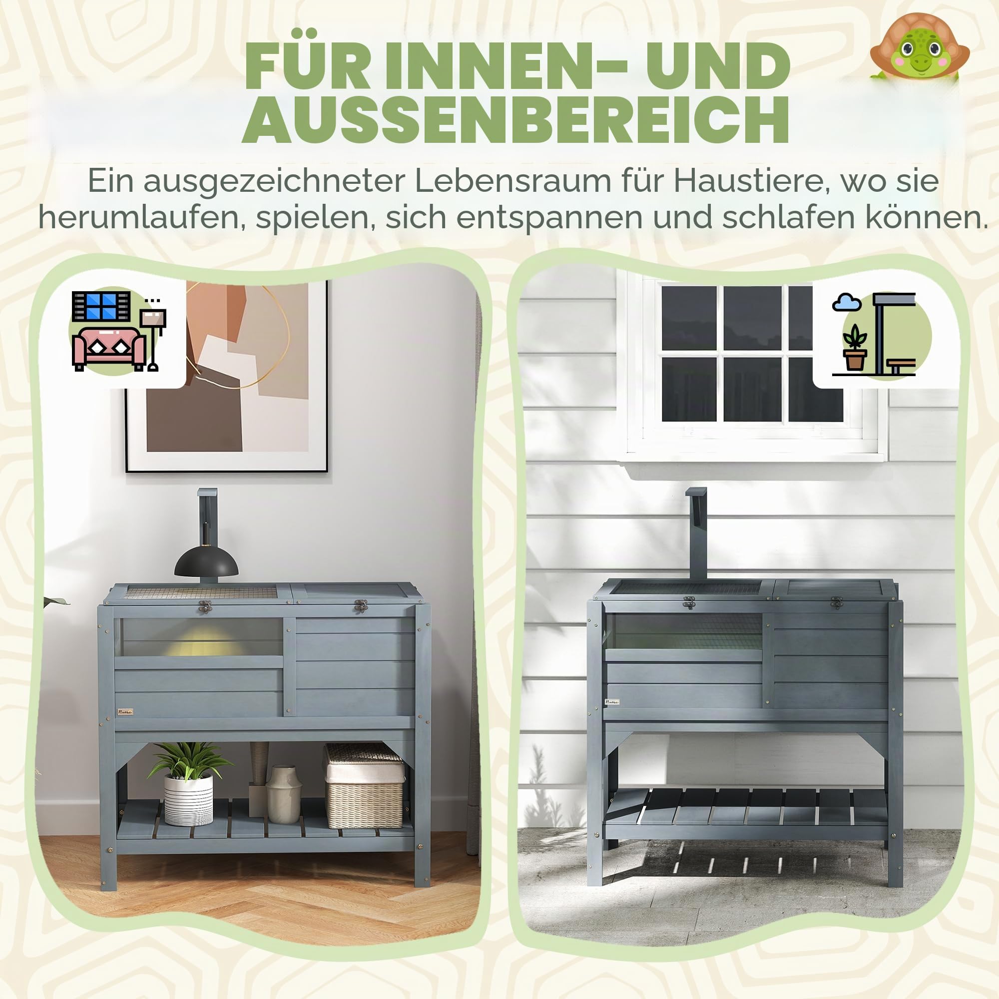 PawHut Haus Schildkrötengehege auf Füßen mit Aufbewahrungsregal - Tannenholz - innen und außen - ABM. 103H x 84L x 51l cm